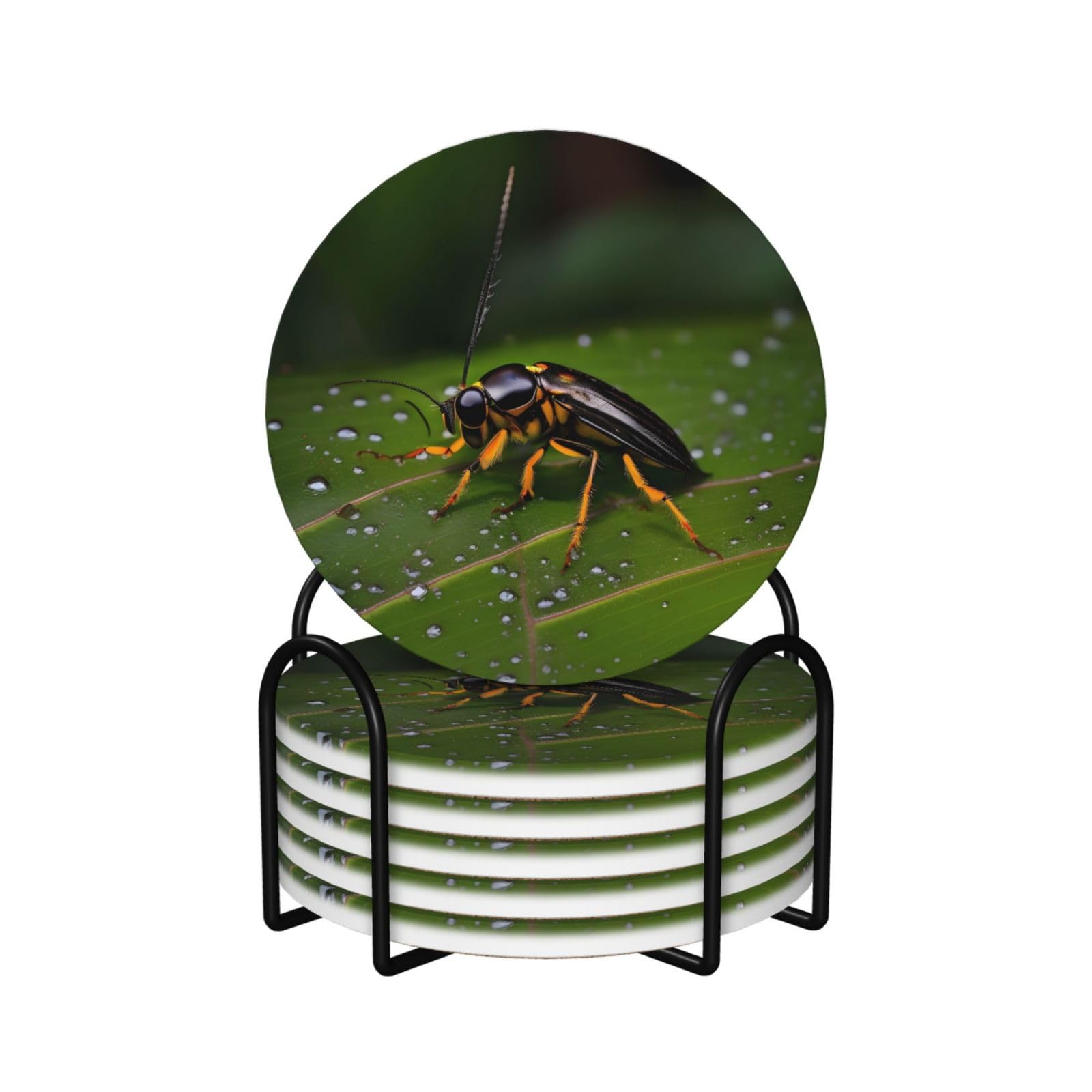 Dessous de verre céramique haut de gamme au motif d'insectes et socle liège protecteur de luxe
