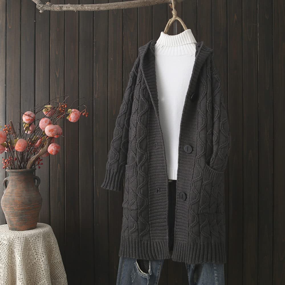 EIBA Cardigan Mujer,Cárdigans De Punto con Capucha para Mujer Vintage De Longitud Media Gris Raya Ondulada Botón Jacquard Suéteres Delanteros Abiertos Cárdigan Otoño Invierno Espesar Abrigo Básico