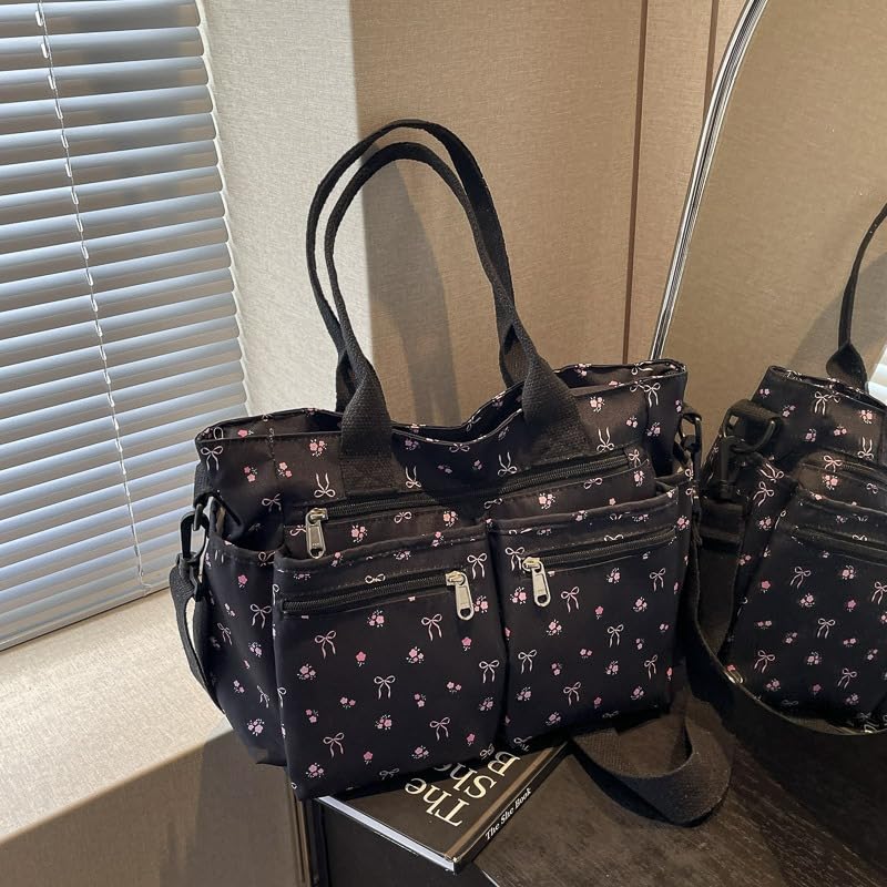 Women’s Bow Print Tote Bag With Multi Pocket,Cute Kawaii Crossbody Bag,Large Capacity Bow Shoulder Purse Handbag Bag2