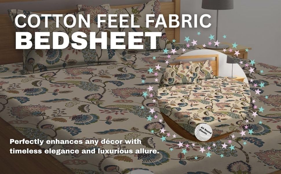 Image of 350 Tc Cotton Feel Glace Cotton All Around Elastic Floral Fitted Bedsheets Queen Size|Premium Super Soft Fitted Bedsheet Queen Size For Double Bed|Fits Up To 8 To 10 Inches,60 X 78,(Beige)