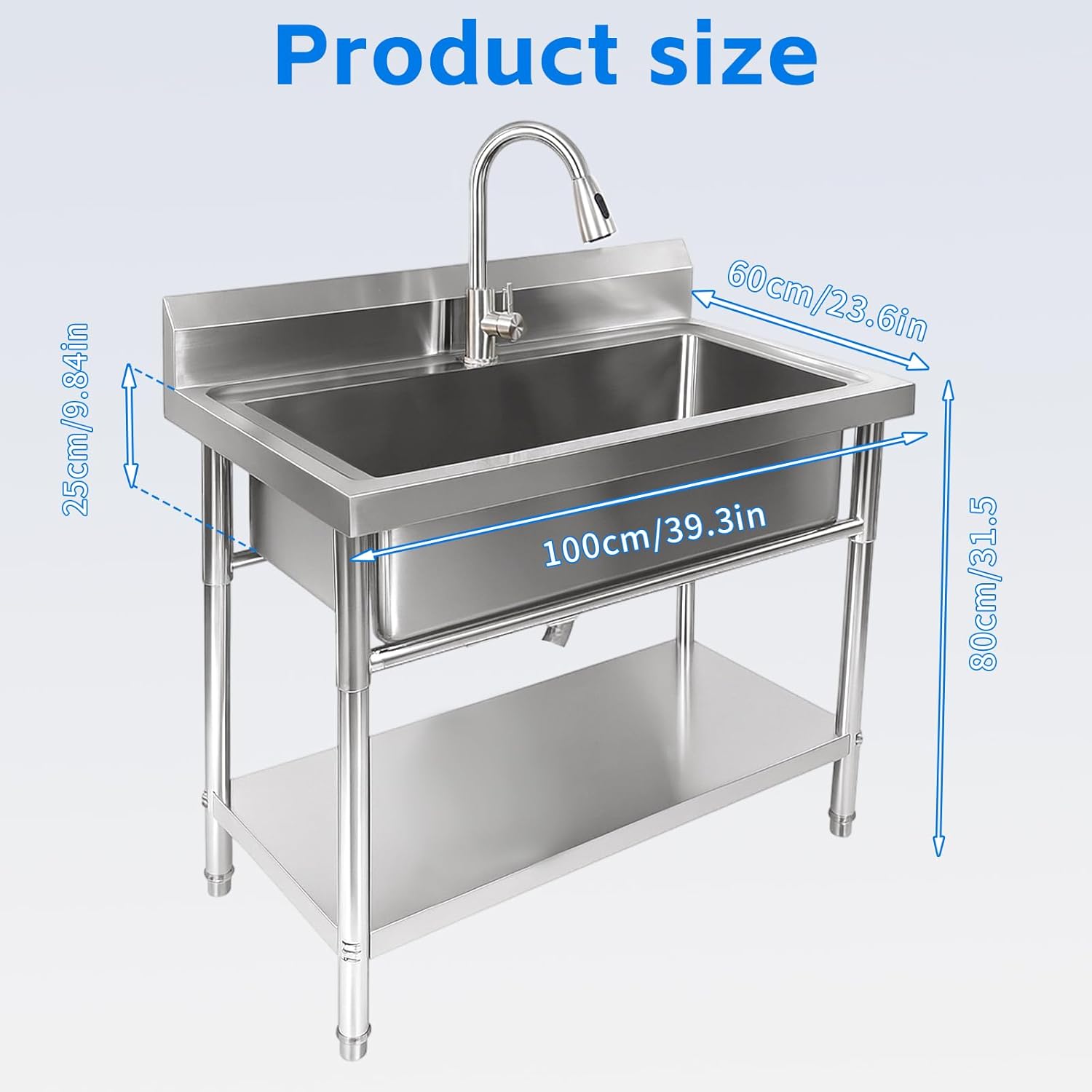 Stainless Steel Large Utility Sink Single Bowl, Freestanding Laundry Sink with Pull-Out Faucet, Utility Sink for Laundry Room, Garage, Kitchen, Outdoor/Indoor Use, 39.3" × 23.6" × 31.5"