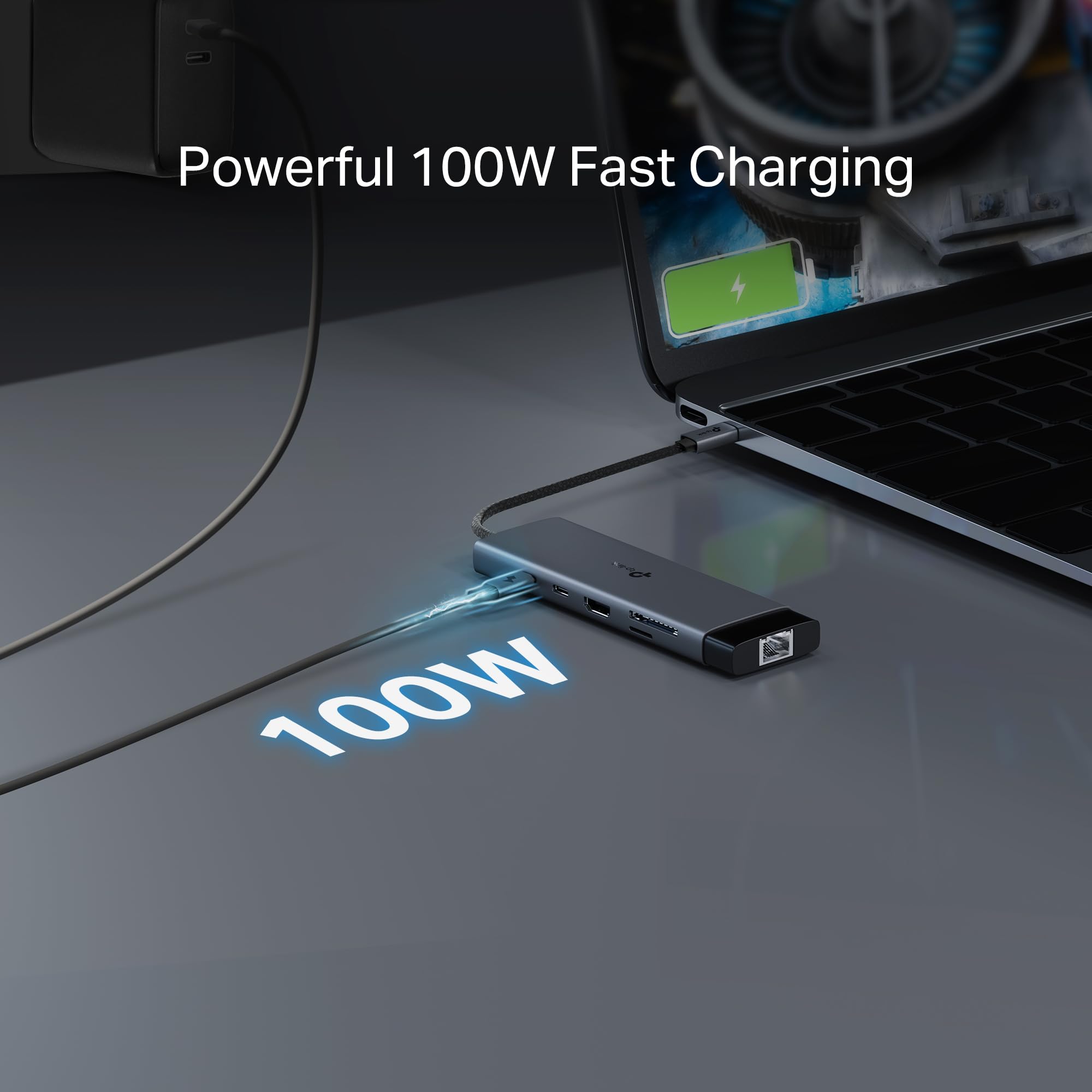 TP-Link Wieloportowy adapter USB C 9 w 1 UH9120C | 4K przy 60Hz HDMI, 1×1G Ethernet, SD i microSD, zasilanie 100 W, 1 x USB-C + 3 porty danych USB-A | Szybki rozdzielacz 5 Gb/s do MacBooka i nie tylko