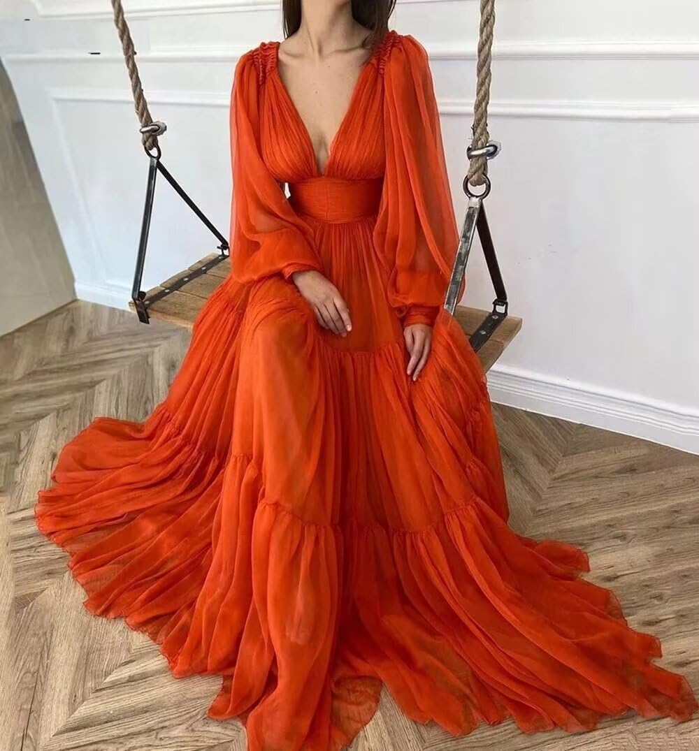 Puffy Long Sleeve Tulle Prom Dresses for Women's 2025 Floor Length A-Line Ball Gowns V-Neck Evening Party Dresses