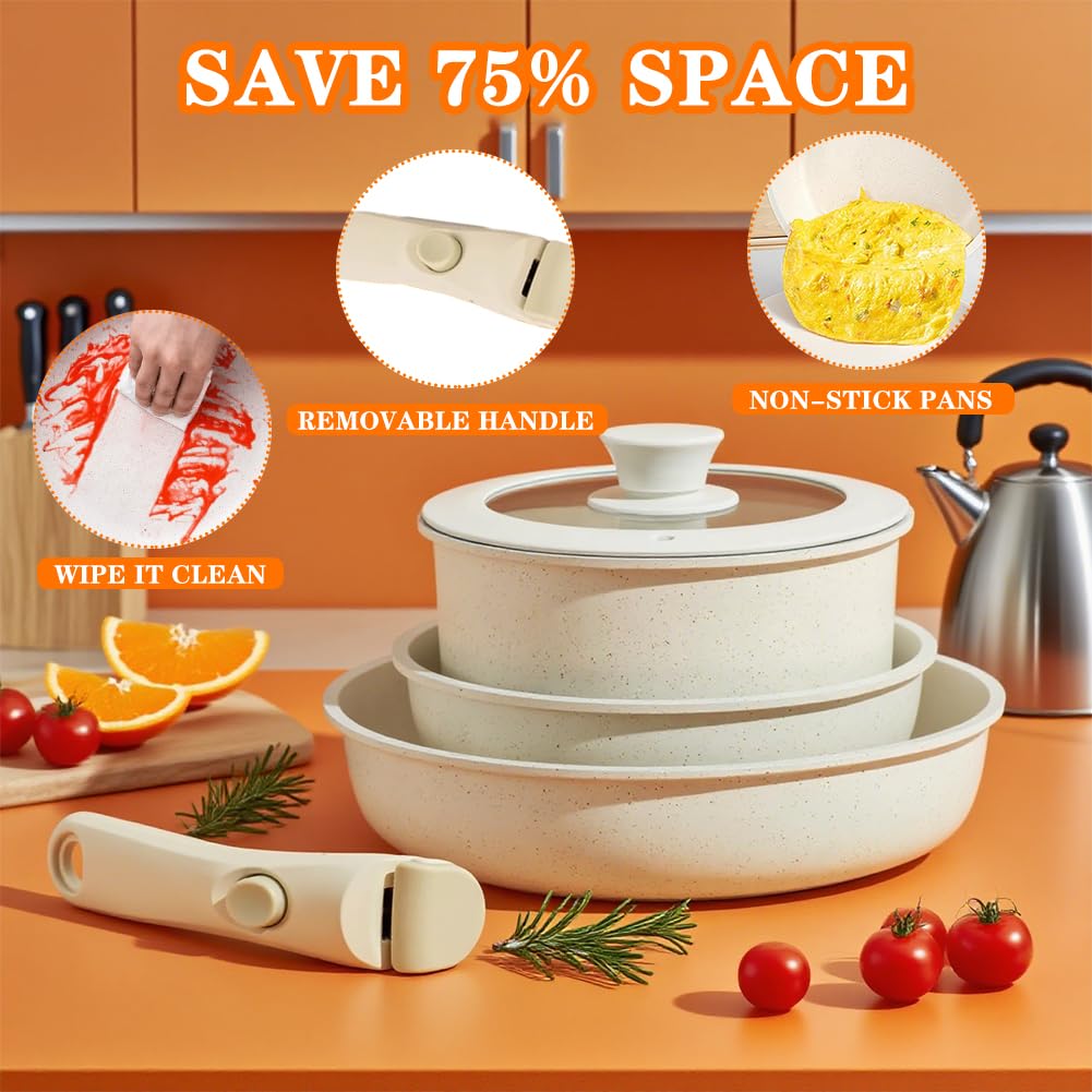 Keramik Pfannenset mit Abnehmbaren Griff, Topfset Pfannenset, Keramiks Kochen Set 5-Teilig, Antihaft Keramik Topfset, Topf 18cm, 20/26 cm Antihaft Beschichtete Pfanne, für Induktion, Ofenfest