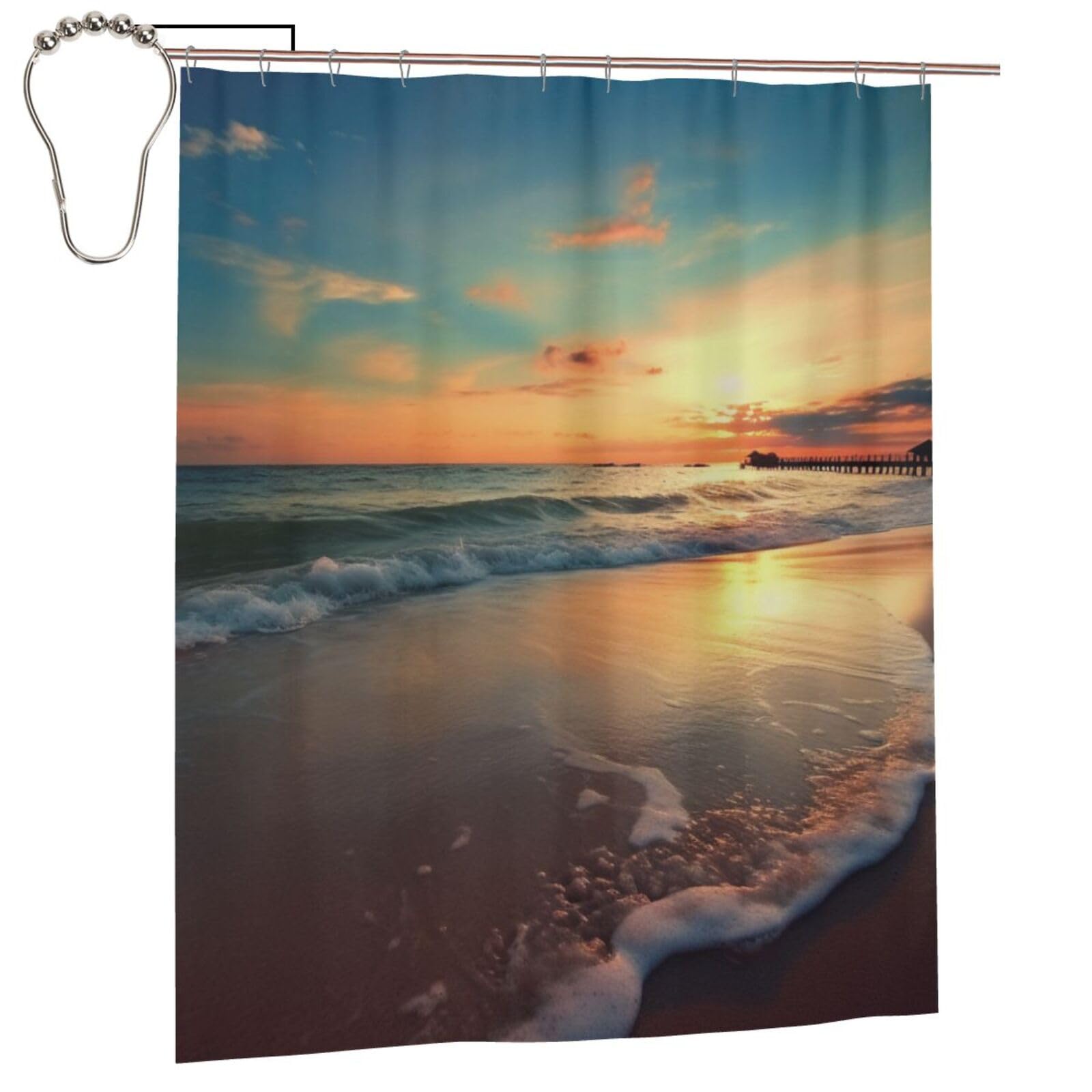 BWWHCCTI Sunset Beach Printed Shower Curtain With 12 Iron Hooks Opaque Quick Drying Waterproof Shower Curtains Sets For Bathroom 152x183 Cm