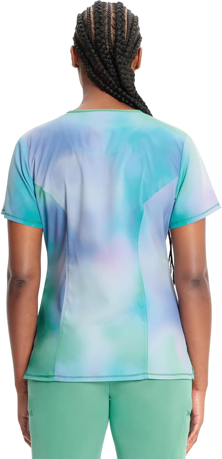Cherokee Infinity Printed Scrub Tops for Women Round Neck, 3 Pockets, Rib-Knit Inset & Princess Seams - CK609