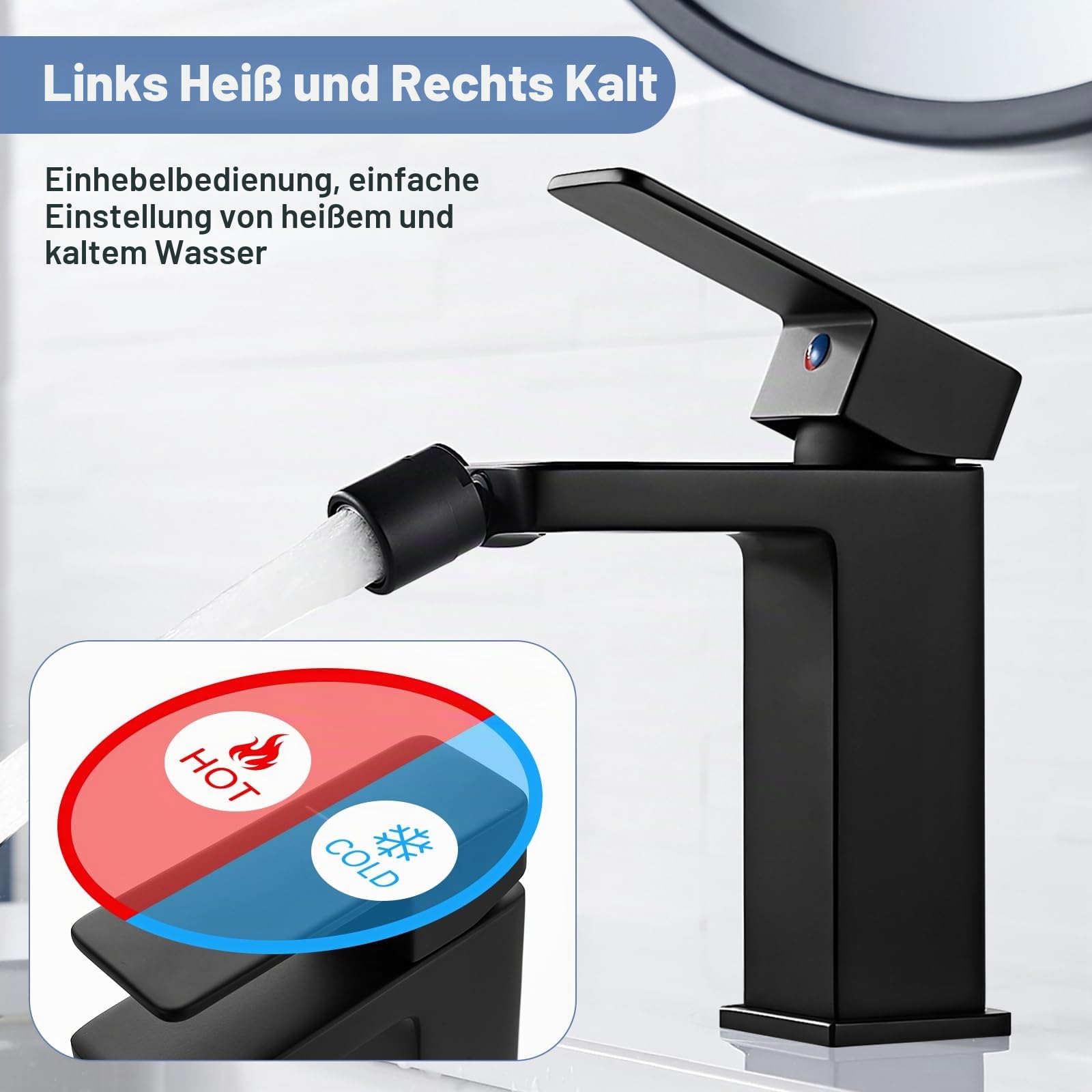 Bidet Wasserhahn Bad Schwarz Einhebel Bidetarmatur Drehbar Auslauf | Auslauf Höhe 110mm, Keramikkartusche, Luftsprudler, 60cm Flexschlauch, G3/8 Anschlüsse, Wassersparend,Eckig, Massives Messing
