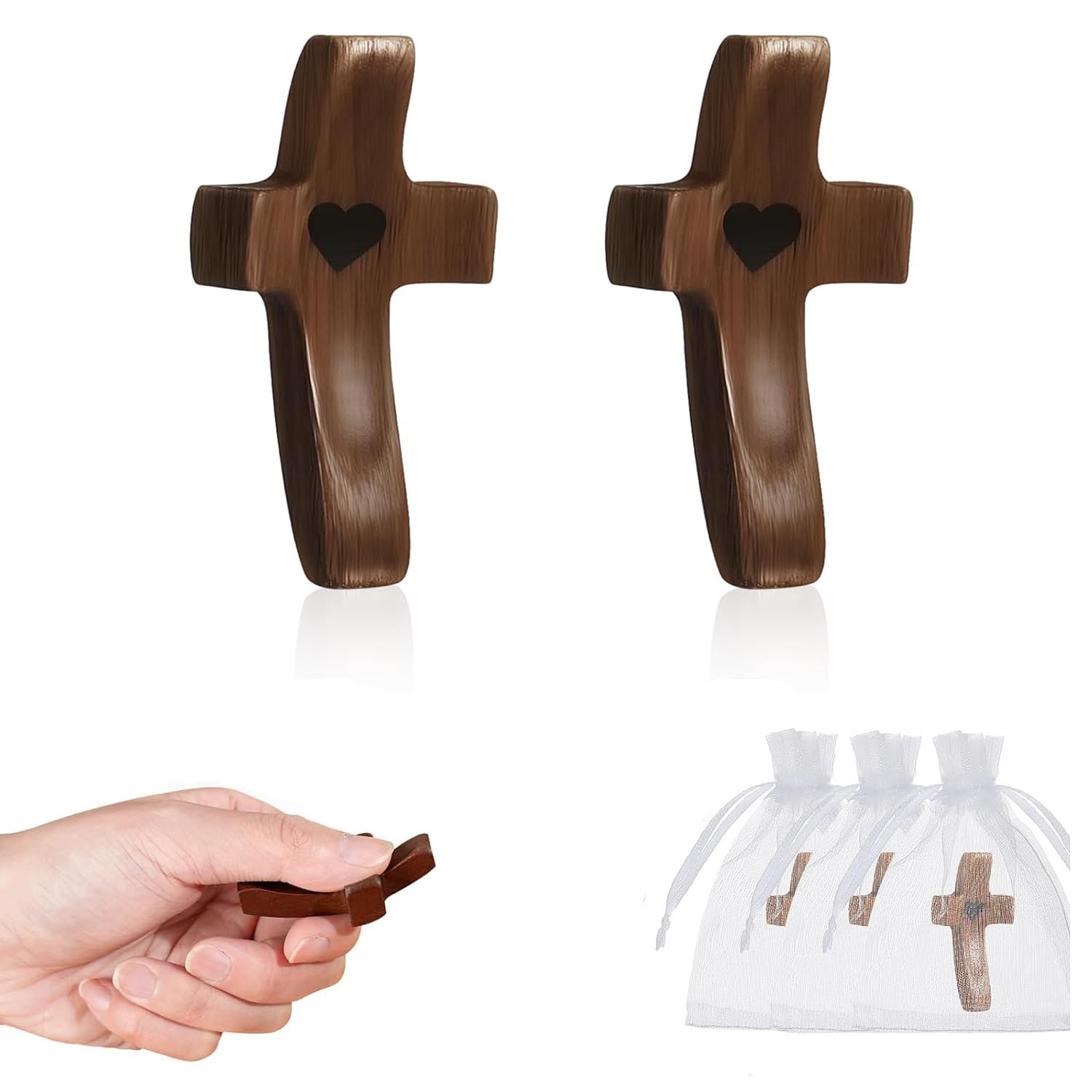 Brevynx 2 Pcs Pocket Wooden Cross Fidget - Cross My Heart with Organza Bags - Stress Relief Fidget for Christian, Religious Christian Easter Day
