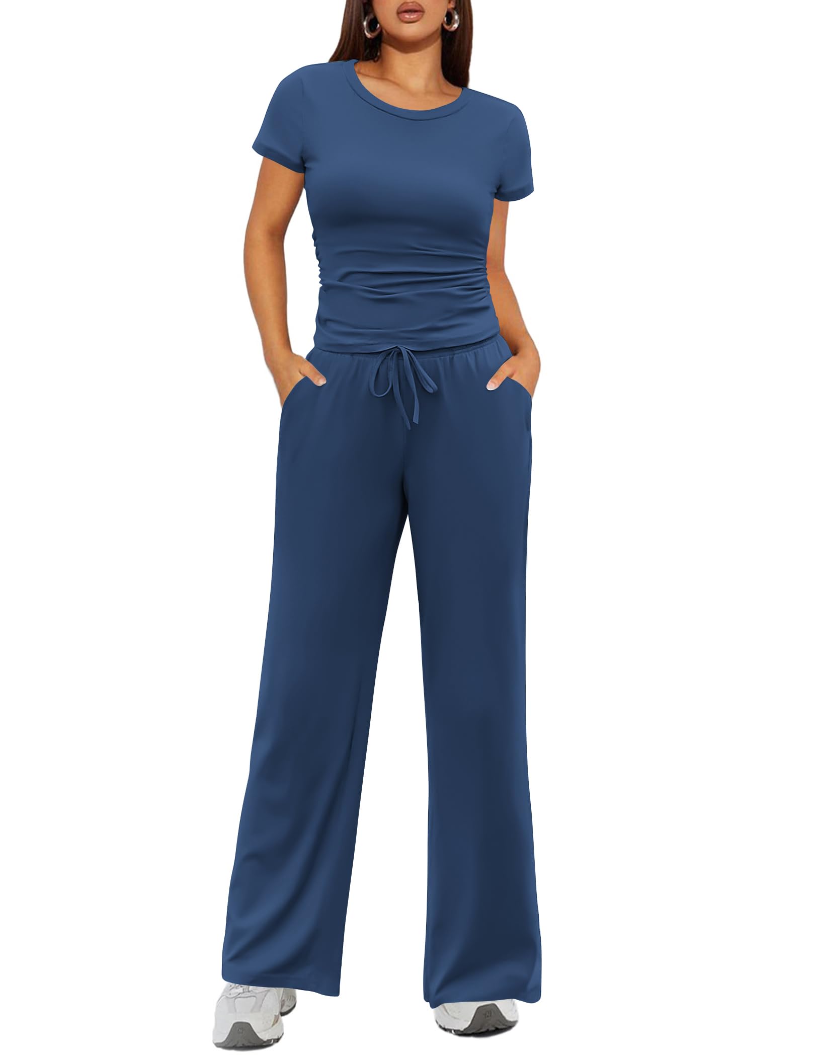 Ekouaer Women's 2 Piece Lounge Sets Ruched Short Sleeve Top and Wide Leg Pants Loungewear Tracksuit Sets with Pockets