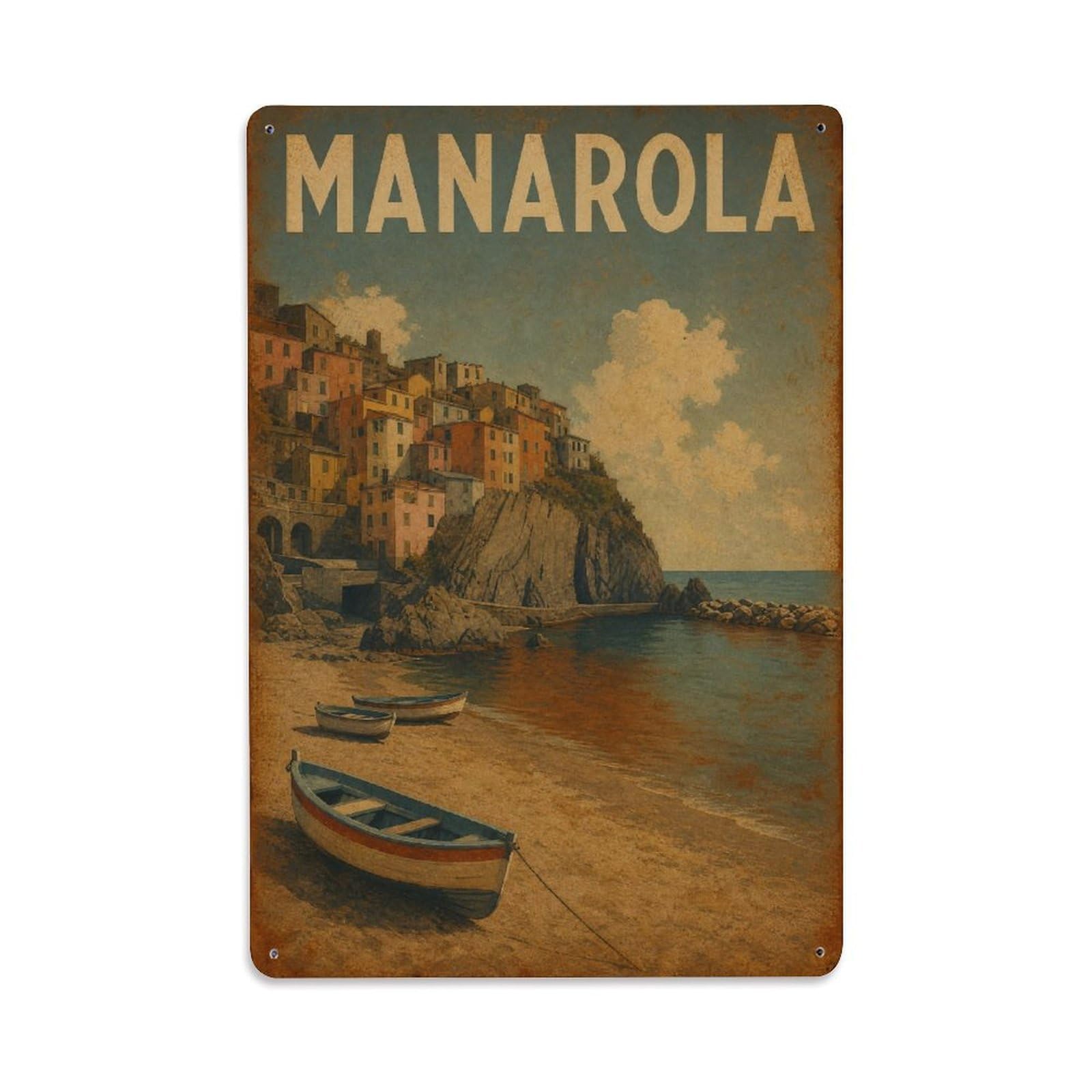 Huiyhb 8X12inch(20X30cm) Vintage Travel Manarola Beach Cove Sandy Shore Italy Metal Tin Sign
