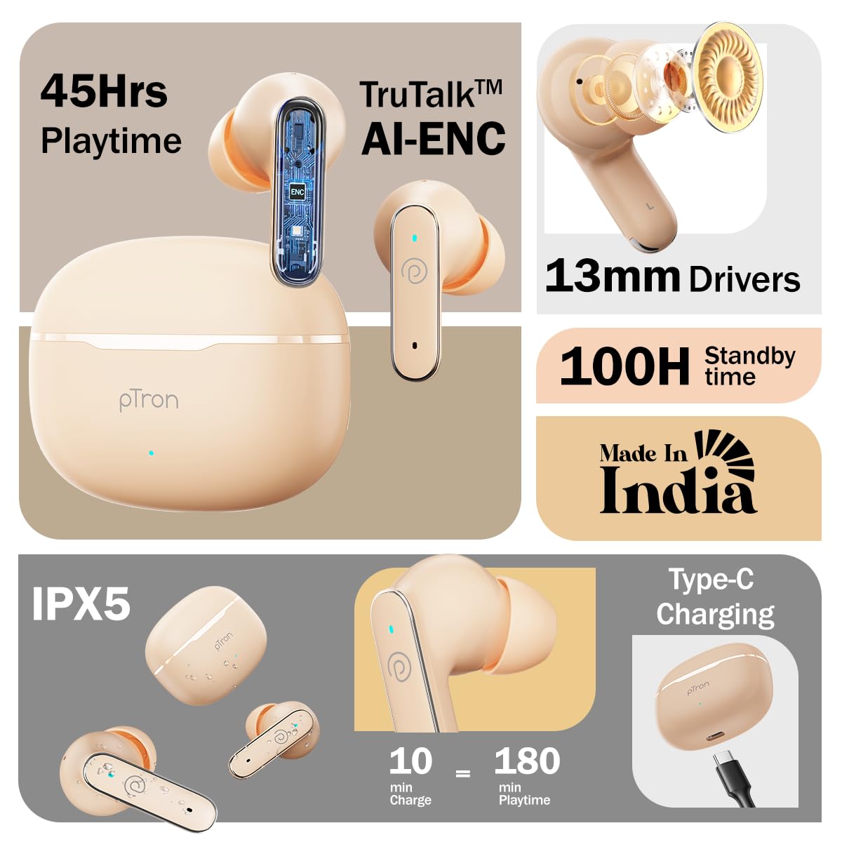 pTron Bassbuds Eon in-Ear TWS Earbuds w/ 13mm Drivers, 45Hrs Playtime, Dual HD Mic & TruTalk AI-ENC Calls, Custom EQ,Mobile App, Bluetooth v6.0 Headphones,Voice Assist., Type C Charging & IPX5 (Peach) — Amazon image 2