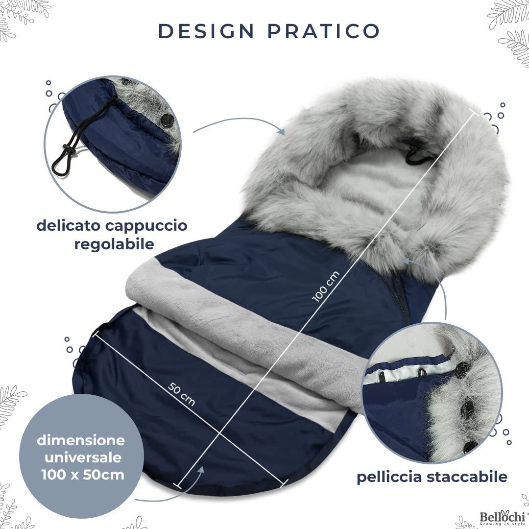 Bellochi Sacco Passeggino Universale Coprigambe Passeggino Universale - Comodo e Caldo Sacco Ovetto Invernale con Cerniera e Cappuccio Staccabile - Blu Scuro