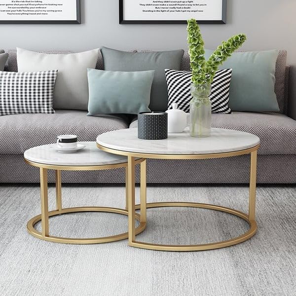 Image of Elegance Iron & Wooden Round Retro Golden Side Tables - Night Stand, Bedside, Sofa Side, Coffee, Centre, Nesting and Bar Table Set of 2 (Golden & White)