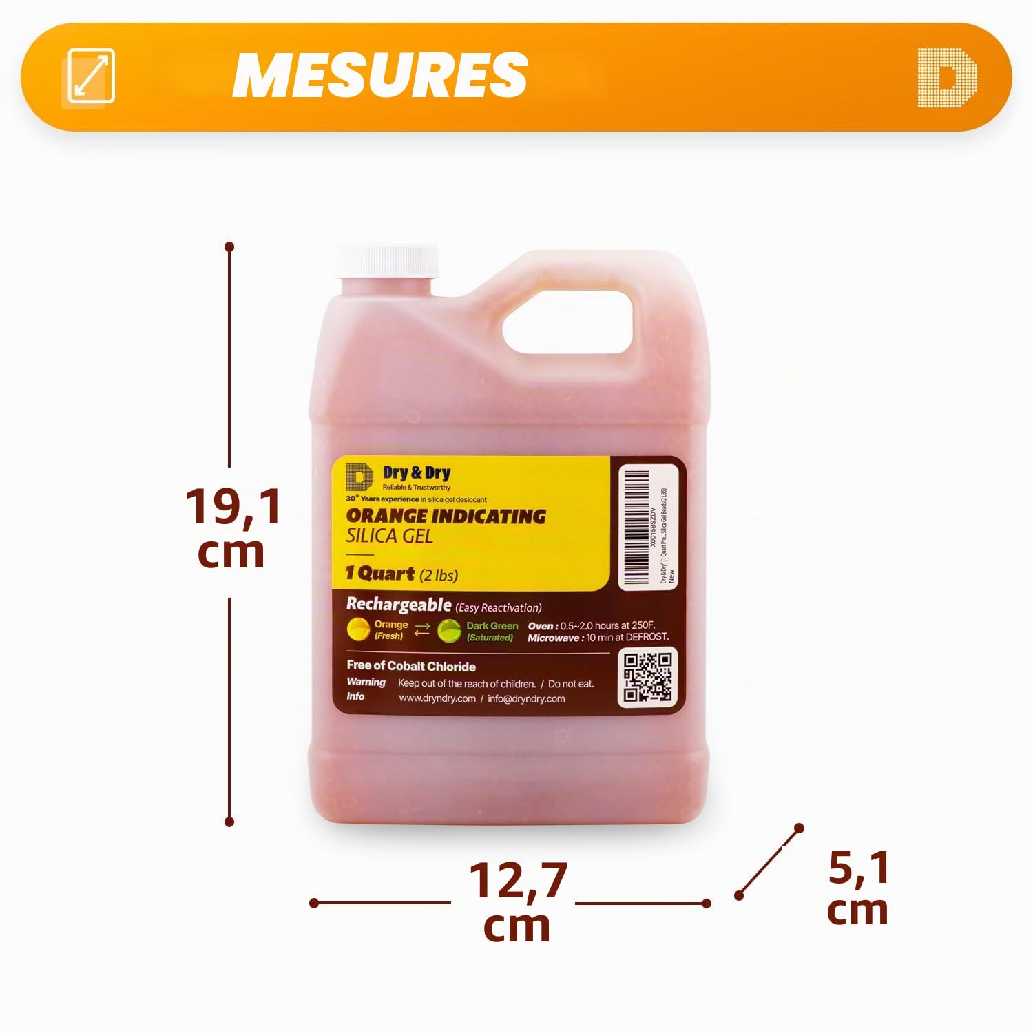 Dry & Dry Perles déshydratantes en Gel de silice Orange d'une capacité de 1 l (Norme Industrielle 2-4 mm) – Perles en Gel de silice sans Fil (0,9 kg)