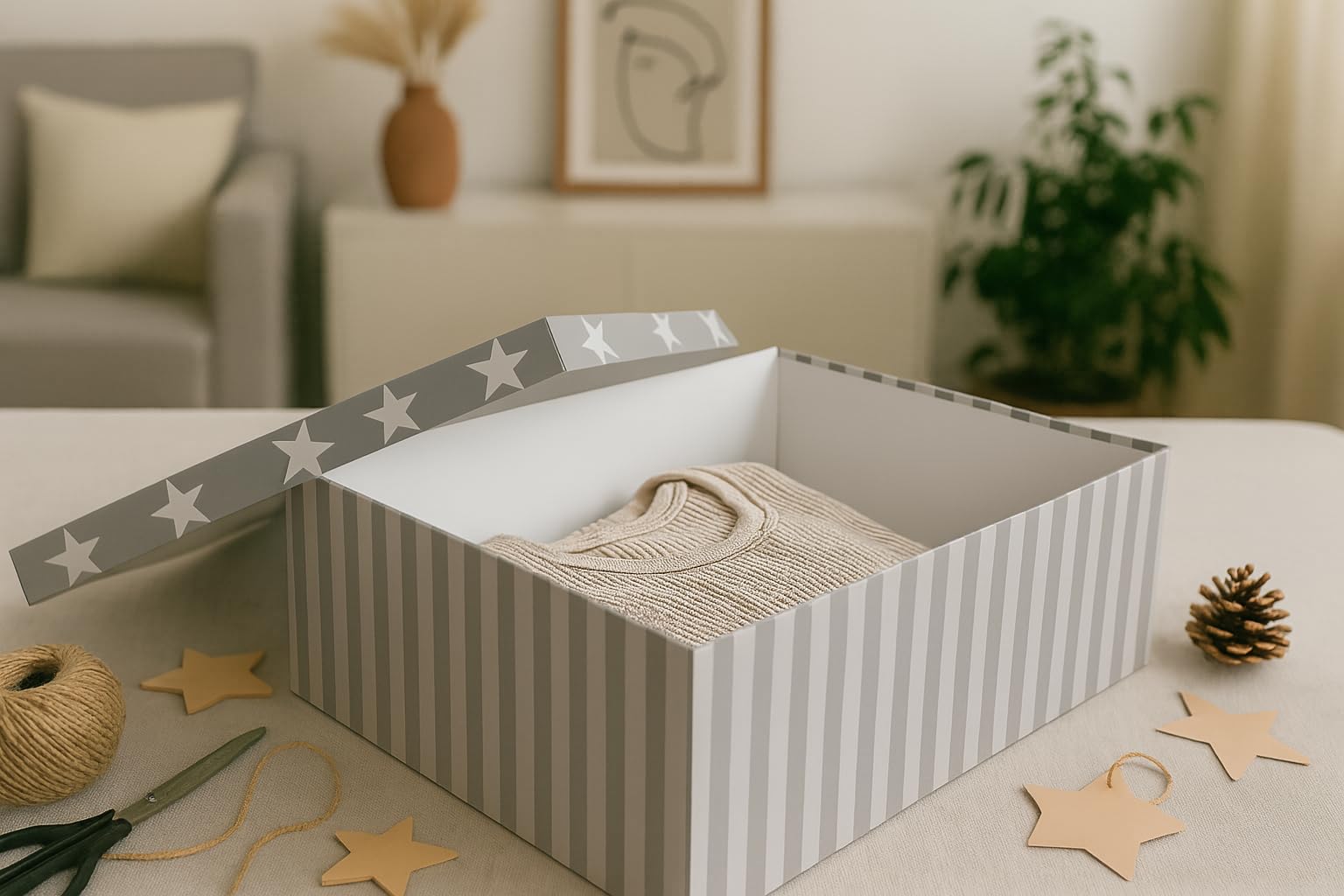 Brandsseller Lot de 10 boites gigognes, Boites-cadeaux, Boites de rangement, Boites en carton avec couvercle – Carton solide à motif étoiles et rayures, Carton, gris, 37,5x29x16cm - 19x13x7,5cm