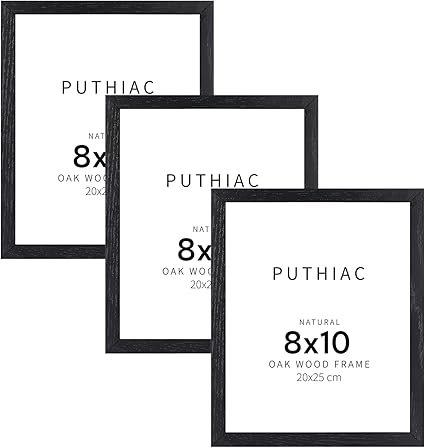 puthiac 8x10 Black Oak Wood Picture Frame -8"x10" Frame Wood, 8"x10" Natural Solid Wood Poster Frames for Wall Art Photo and Prints (3 Pack, Black)