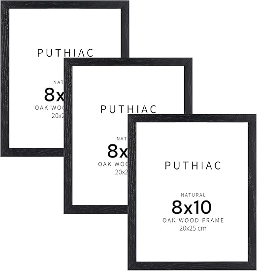 puthiac 8x10 Black Oak Wood Picture Frame -8"x10" Frame Wood, 8"x10" Natural Solid Wood Poster Frames for Wall Art Photo and Prints (3 Pack, Black)