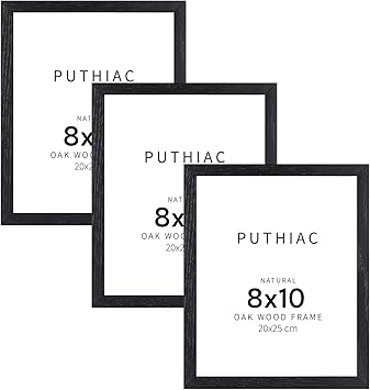 puthiac 8x10 Black Oak Wood Picture Frame -8"x10" Frame Wood, 8"x10" Natural Solid Wood Poster Frames for Wall Art Photo and Prints (3 Pack, Black)