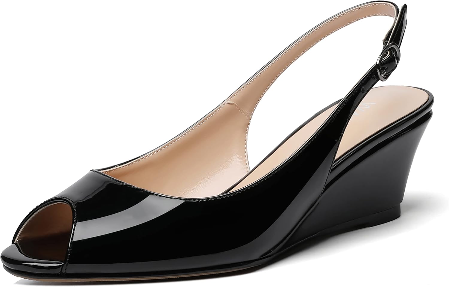WAYDERNS Women's Peep Toe Slingback Buckle Patent Leather Wedge Low Heel Pumps Shoes 2 Inch