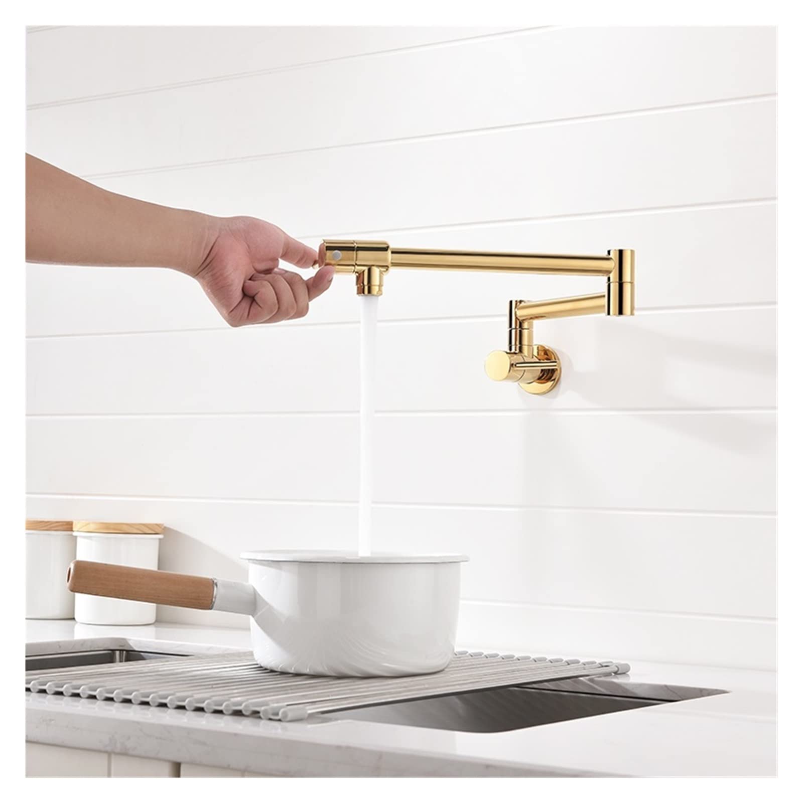 Grifo de cocina para llenar ollas Grifo de llenado de ollas, grifo de cocina plegable montado en la pared, grifo de fregadero de un solo orificio frío, caño plegable giratorio, latón dorado cromado (