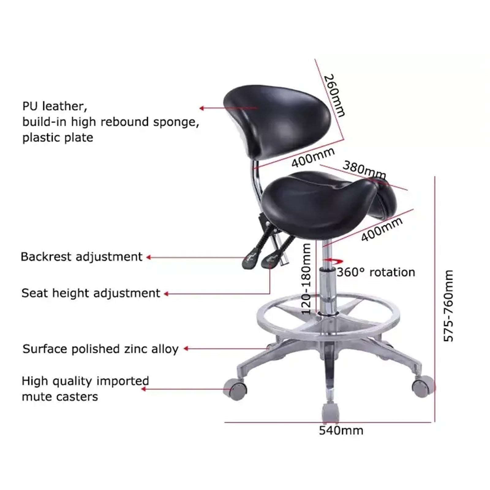 Ergonomiczny stołek podsiodłowy z podparciem oparcia, regulowany fotel dentystyczny, obrotowy fotel do salonu dla profesjonalistów, idealny dla dentystów i stylistów