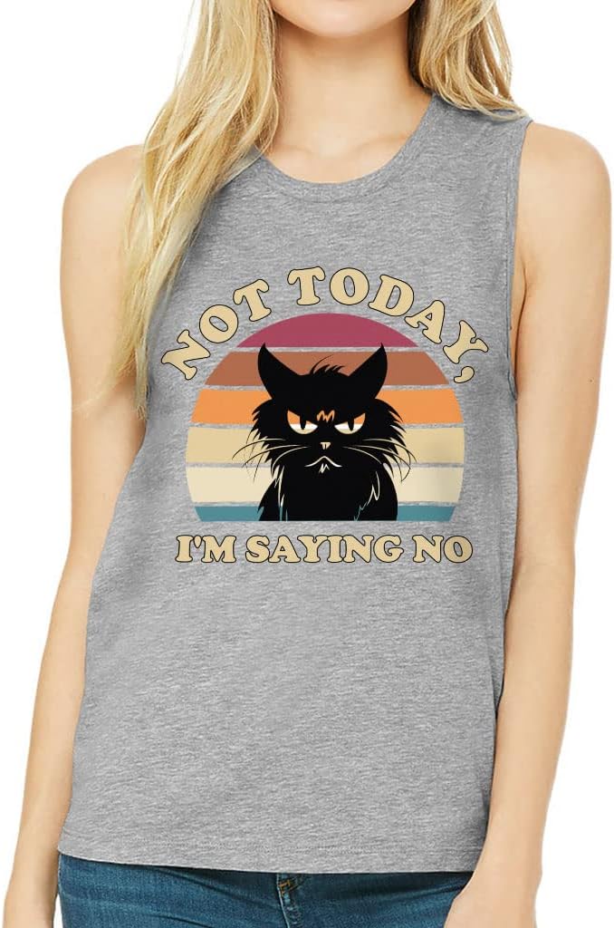 I'm Saying No Women's Muscle Tank - Cat Design Tank Top - Printed Workout Tank - Athletic Heather, S
