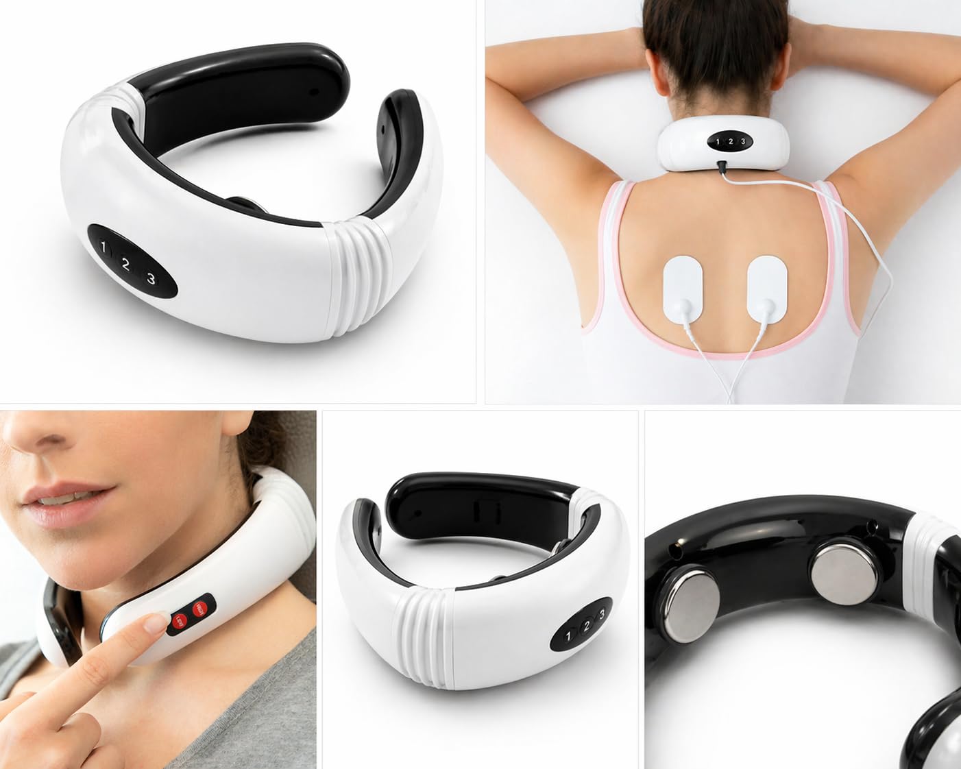 Masseur EMS Électrique pour Cou, Dos et Cervicales – 6 Modes, 16 Intensités, 2 Électrodes + 4 Patchs Conducteurs, Relaxation Musculaire Profonde, Basse Fréquence, Ergonomique, Blanc/Noir