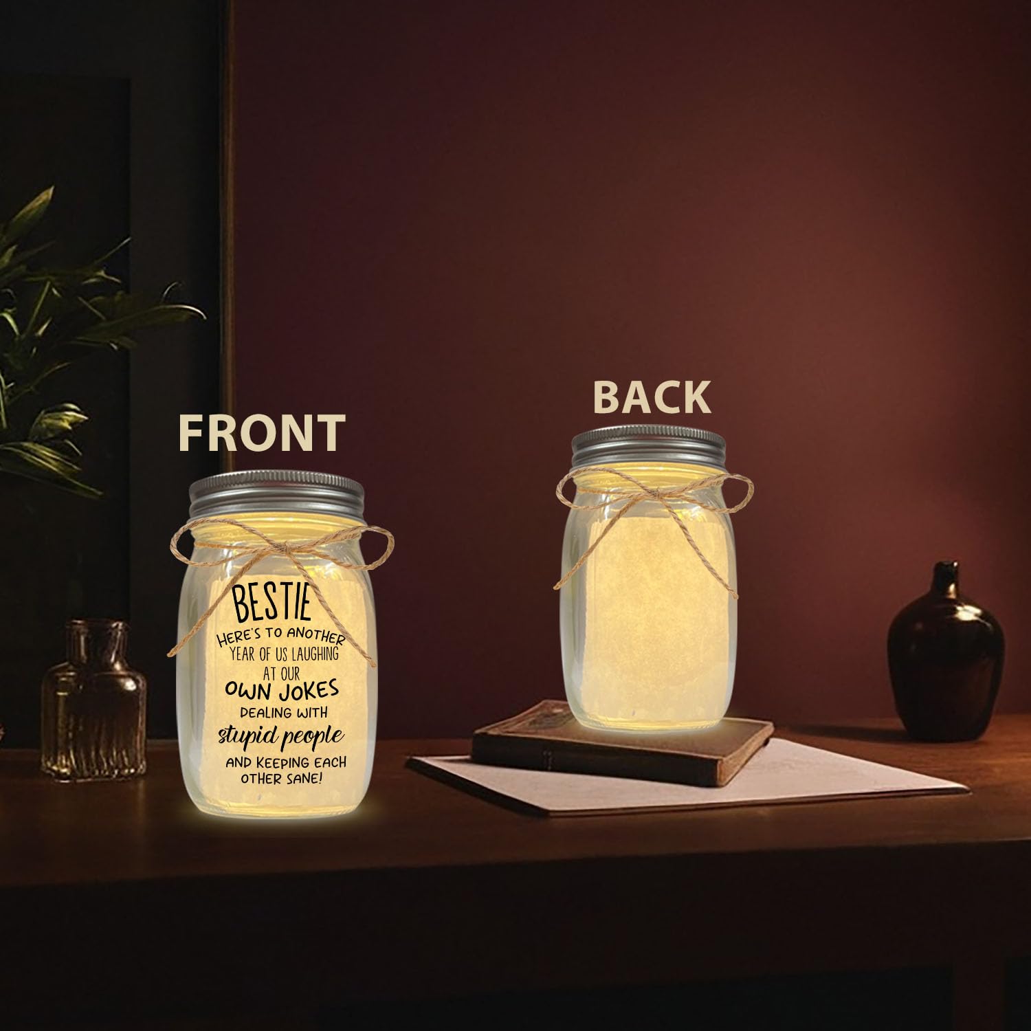 Mason Jar Night Light With Inspirational Quotes | Friendship Gifts For Women | Battery Operated Decor Best Friend Mason Jar Light