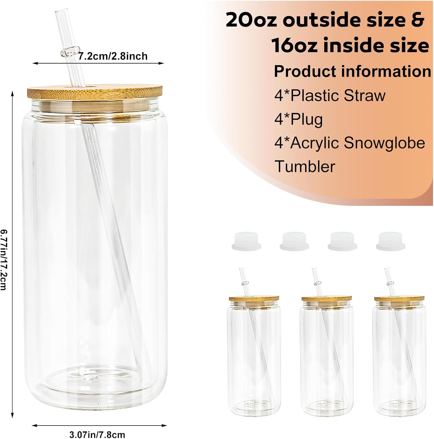 4 Pack Acrylic Snow Globe Tumbler, 20oz Snowglobe Cups with Pre Drilled Hole, Double Wall Plastic Cups Blanks with Bamboo Lid and Plastic Straw, Glitter Snow Globe Cup for DIY Gift - Image 2