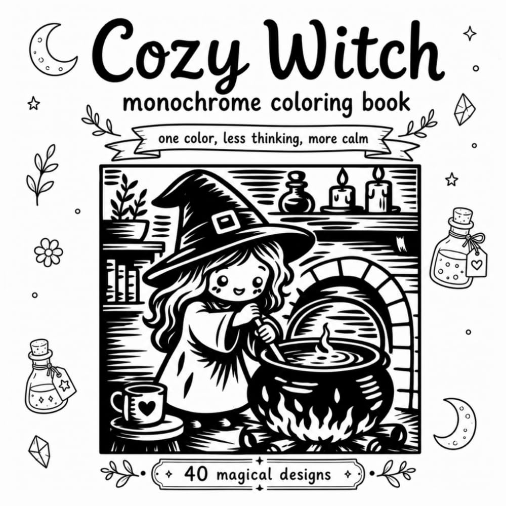 Cozy Witch - monochrome coloring book: One Pen, One Color · 40 Cozy Witch Designs to Color · A Relaxing Adult Coloring Book with Bold Woodcut-Style ... scenes (The Magical Worlds of Maple Ashwood)