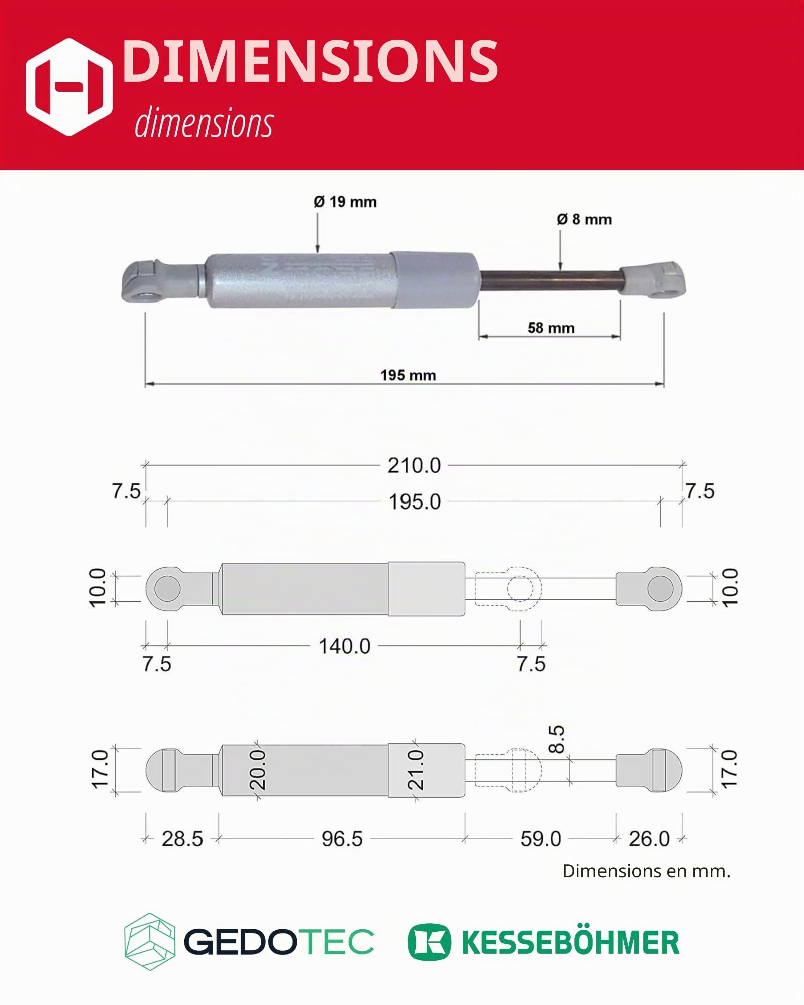 Gedotec 2x ressort à gaz 380N - Amortisseur à gaz Kesseböhmer pour ferrure pivotante HSB - Amortisseur pour volet, porte d'armoire et armoire de cuisine, ressort de compression avec notice
