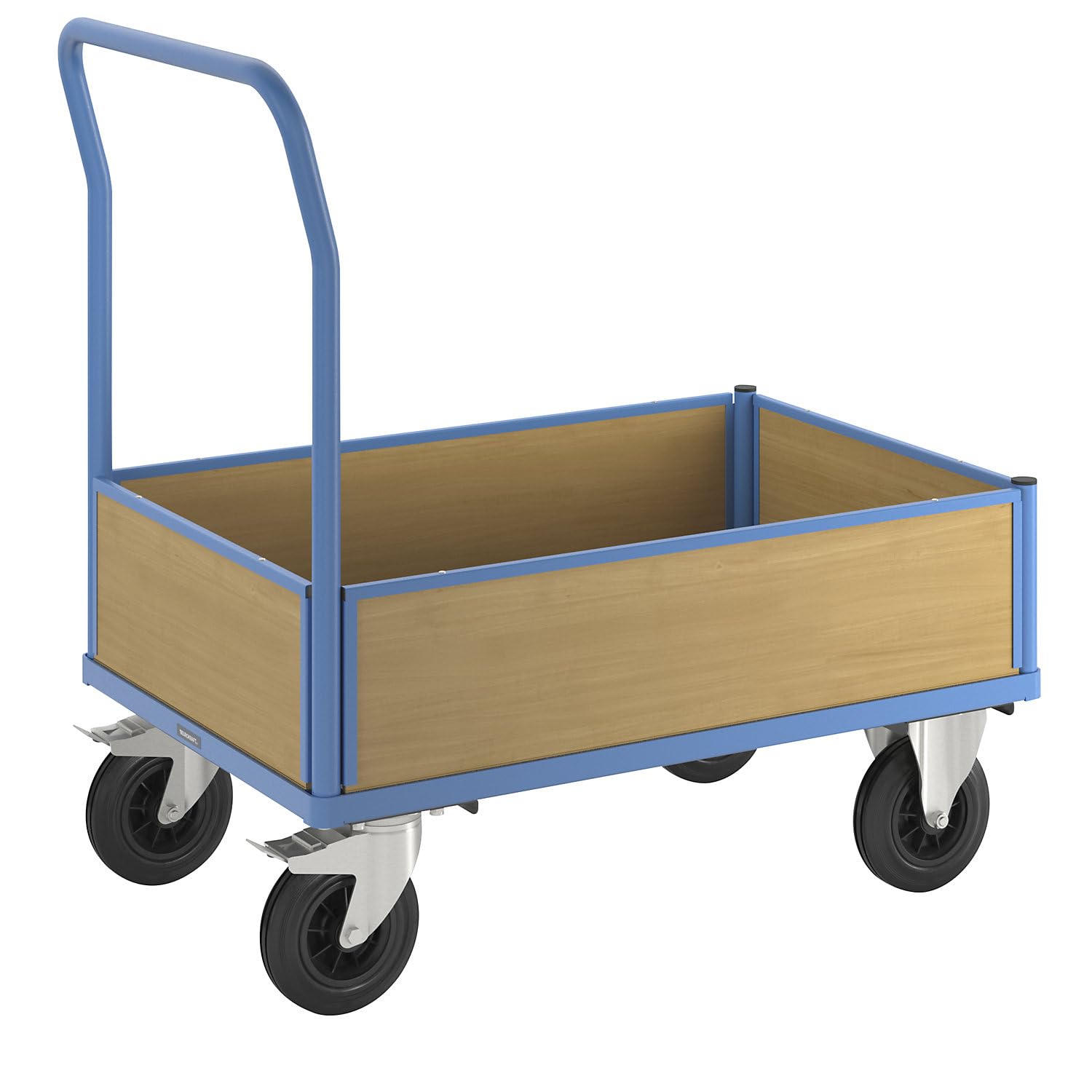 eurokraft pro | Plattformwagen mit Holzwänden | Mit 4 halbhohen Wänden, LxB 1050 x 700 mm, Vollgummi