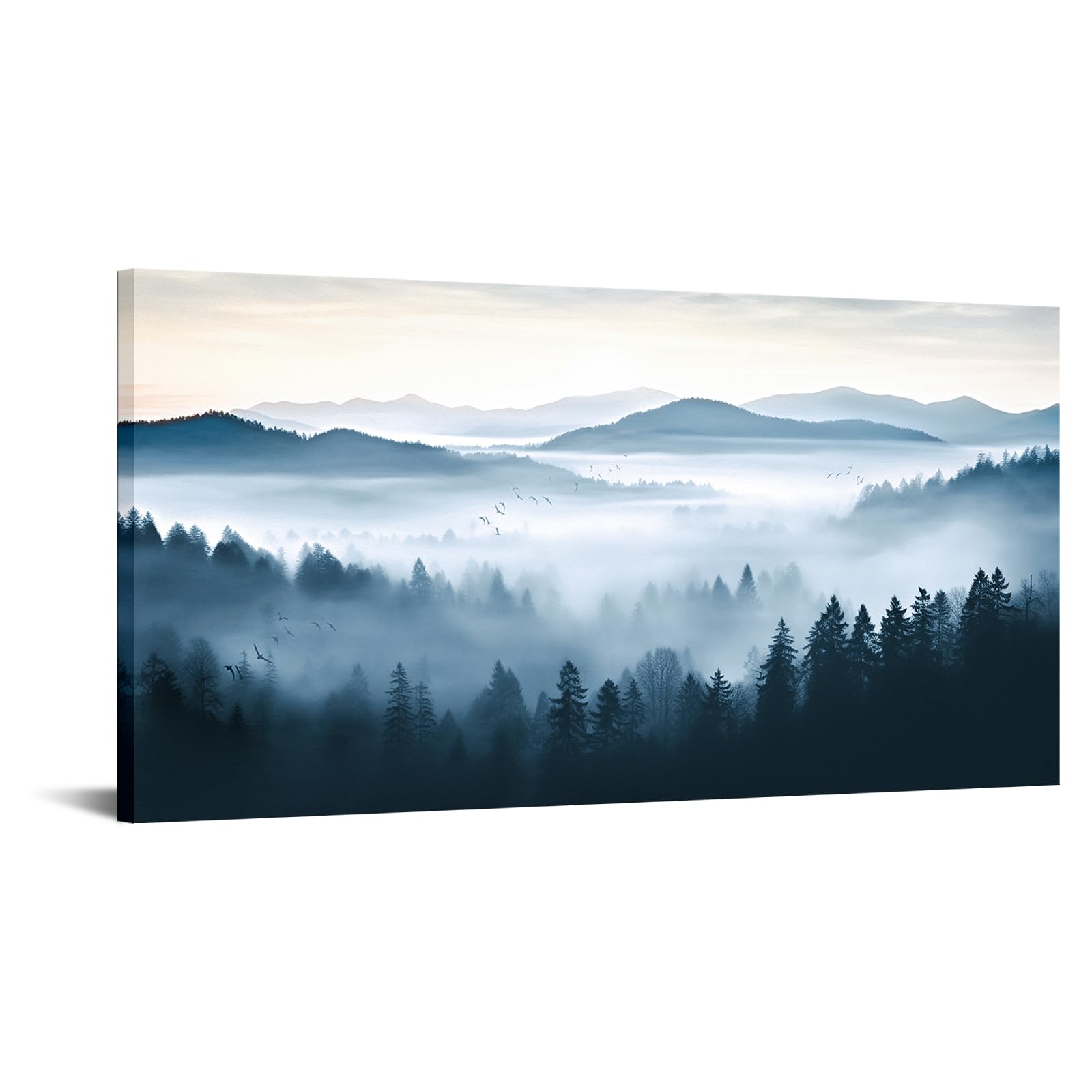 Large Foggy Forest Canvas Wall Art Framed Black and White Pine Trees Mountains Paintings Pictures Landscape Nature Modern Artwork for Living Room Bedroom Office Decor