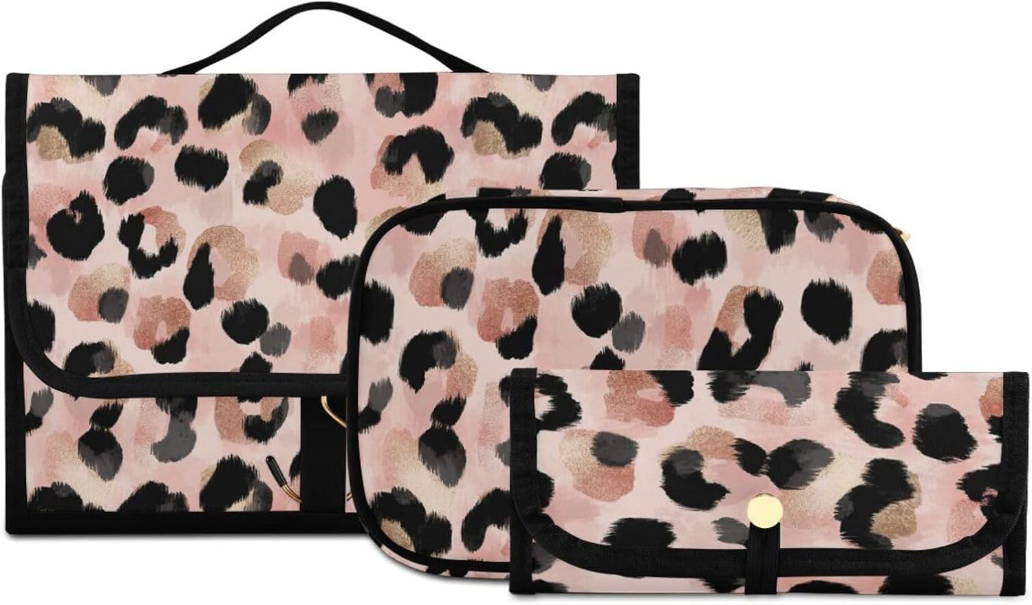 senya Leopard Pink Toiletry Bag Hanging Travel Makeup Bag 3 PCS, Portable Makeup Organizer Cosmetic Bag Clear