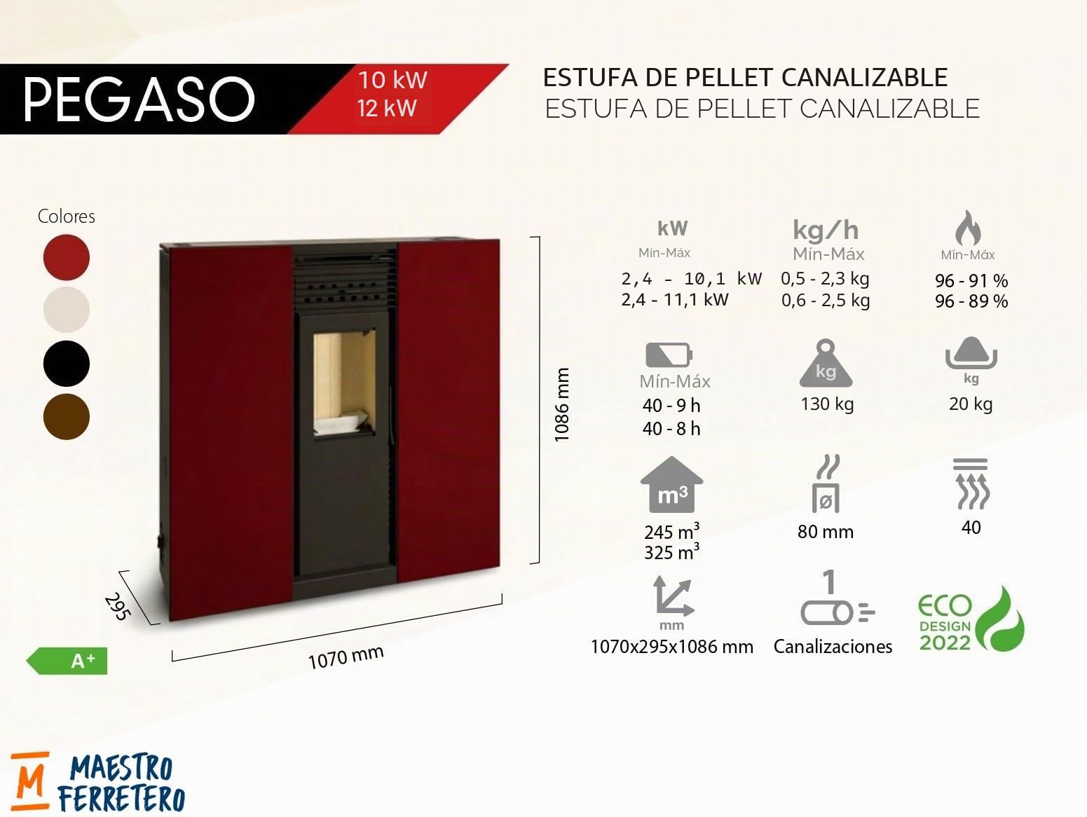 TJ - Estufa de Pellets Canalizable de Pasillo Modelo Pegaso (BLANCO, 10 kW)
