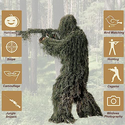 DoCred 5 in 1 Ghillie Suit, 3D Camouflage Hunting Apparel w/Jacket, Pants, Hood, Carry Bag for Adults/Youth, S/M/L/XL/XXL - Image 4