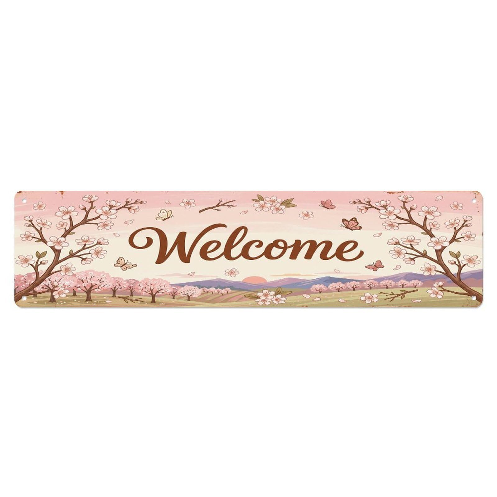 Cxhjca 4X16inch(10X40cm) Vintage Welcome Cherry Blossom Metal Tin Sign