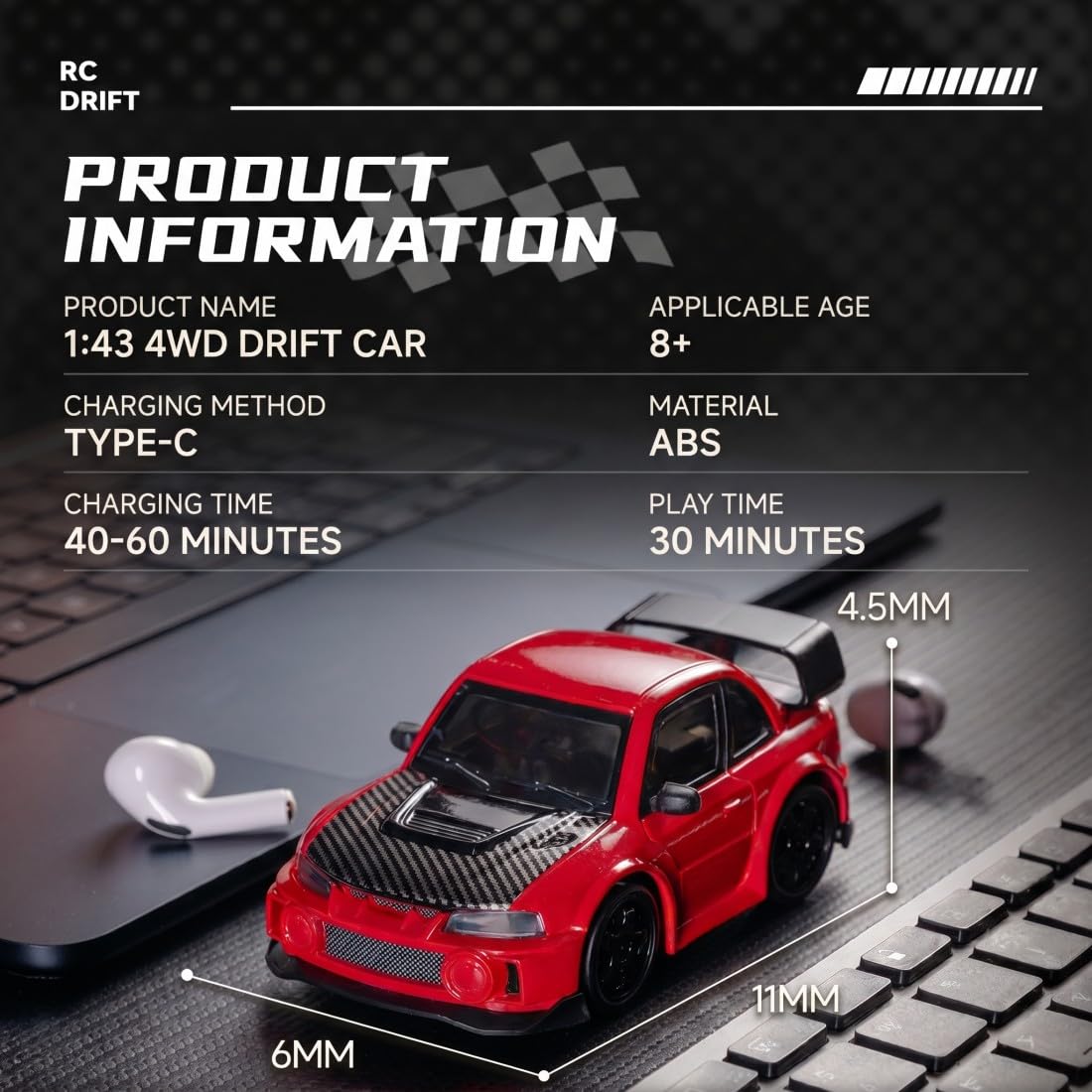 NULA Mini auto RC Drift per scrivania, corse indoor e pavimenti, 1:43, 4WD con controllo proporzionale del gas da 2,4 GHz, luce LED per adulti hobbisti (rosso/CZ4106)