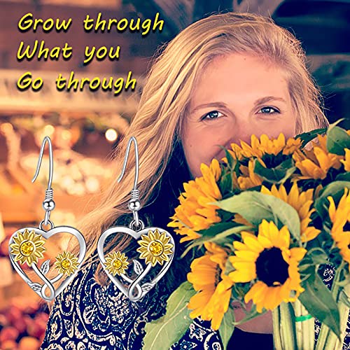 Silver Sunflower Heart Earrings for Women - 925 Sterling Silver Opal Sunflowers/Daisy Heart Dangle Hoop Earring, Valentines Mothers Day Christmas Gifts Jewelry for Her2