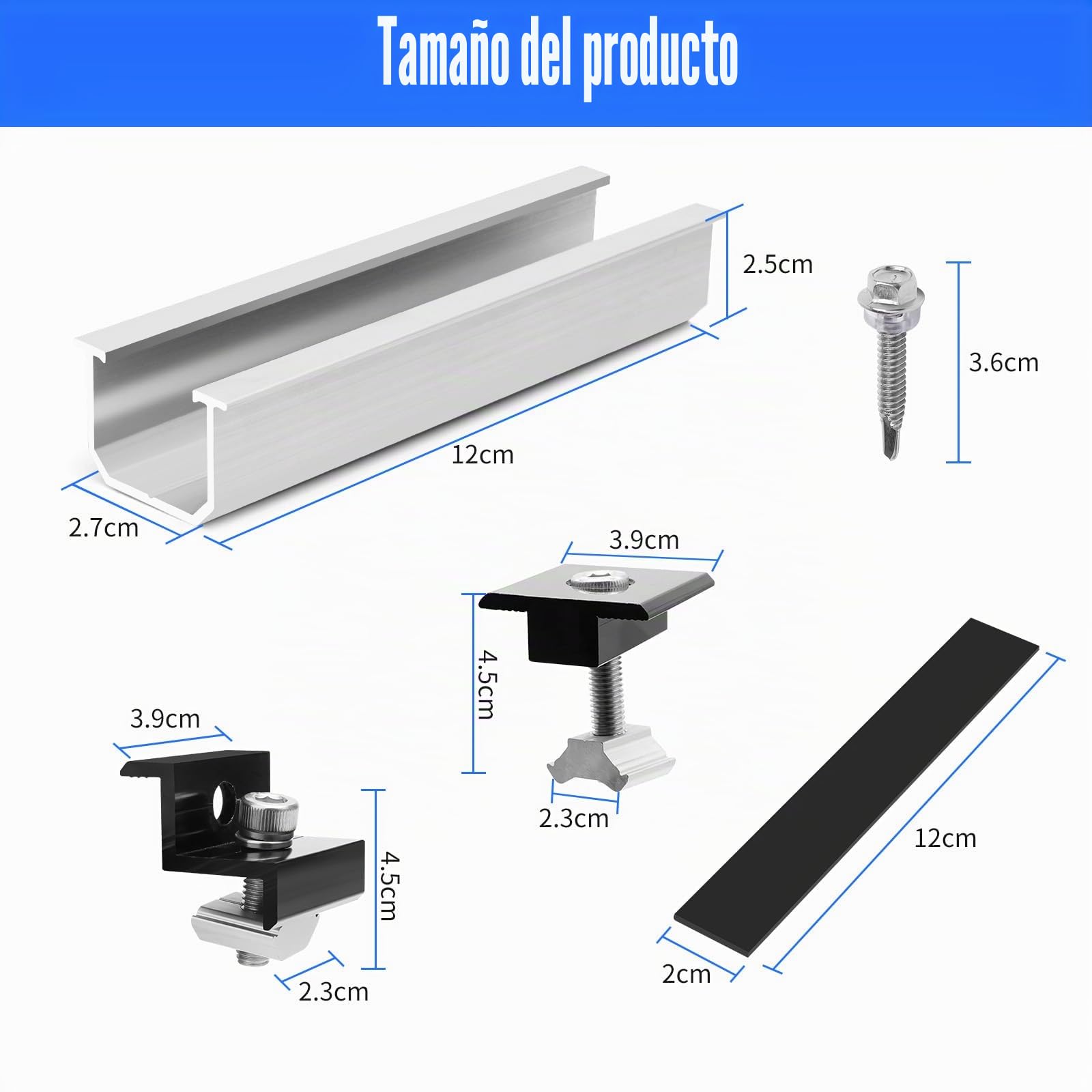 Soporte Panel Solar 12cm Aluminio, Abrazadera 30-35mm | Kit Universal: Compatible Tejado, Tejas, Techo Metalico y Autocaravana – Clips de Puesta a Tierra Incluidos, Solucion Complet