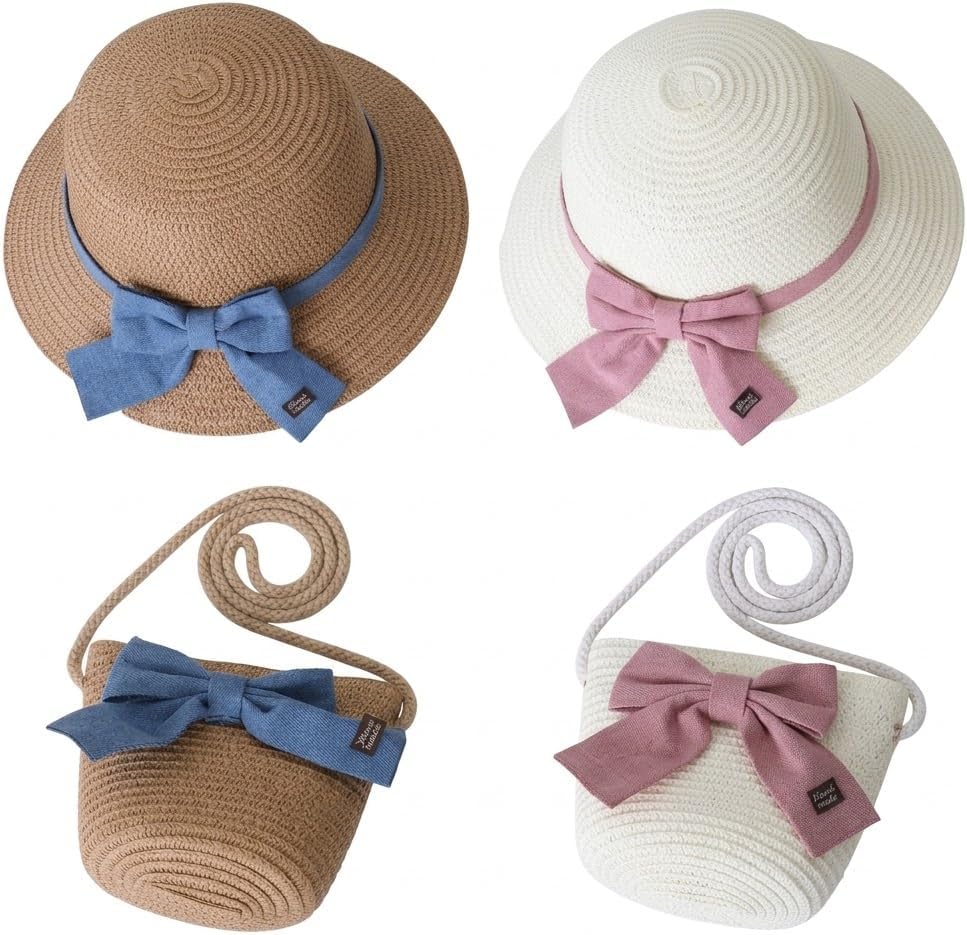 4 Pack Kids Straw Sun Hat and Bag Set - Girls Summer Beach Hat with Bowknot, Breathable Wide Brim Sunhat for Outdoor Travel - Khaki and Cream