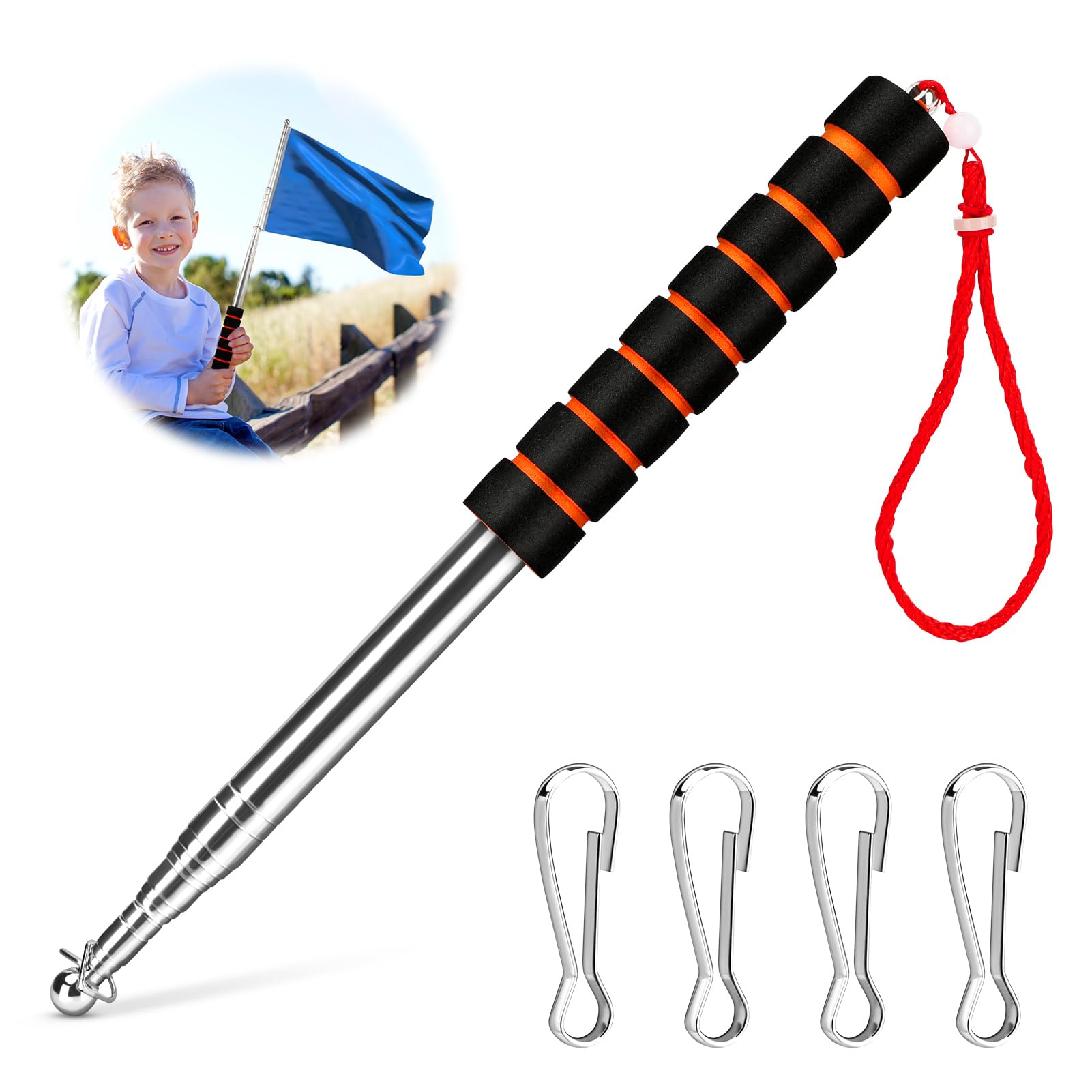 Asta Telescopica Per Bandiera In Acciaio Inox, Allungabile Da 29 Cm A 2,45 M, Con 4 Ganci E Impugnatura In Spugna, Perfetta Per Guide Turistiche, Insegnanti E Campeggio - 3