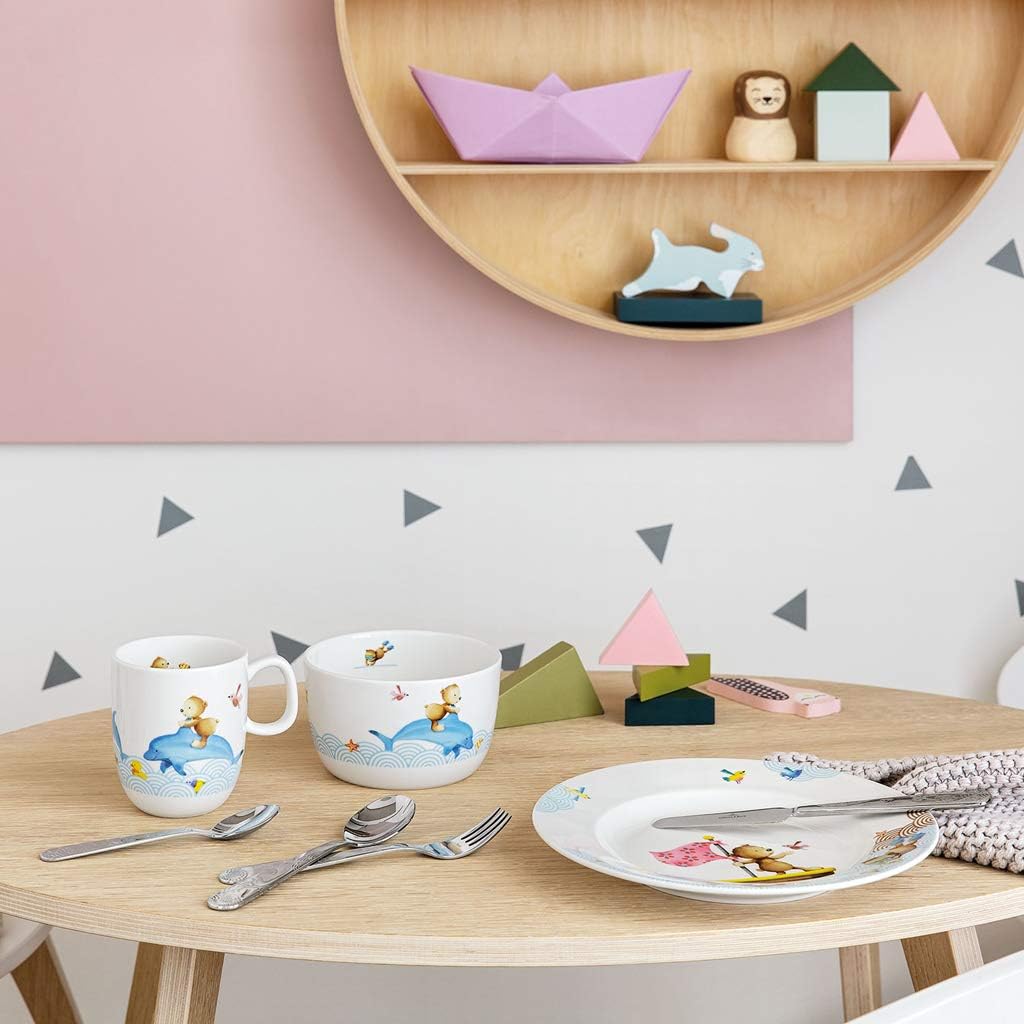 Villeroy & Boch Happy as a Bear Children's Table Set, 7-Pieces, Premium Porcelain/Stainless Steel, White/Coloured