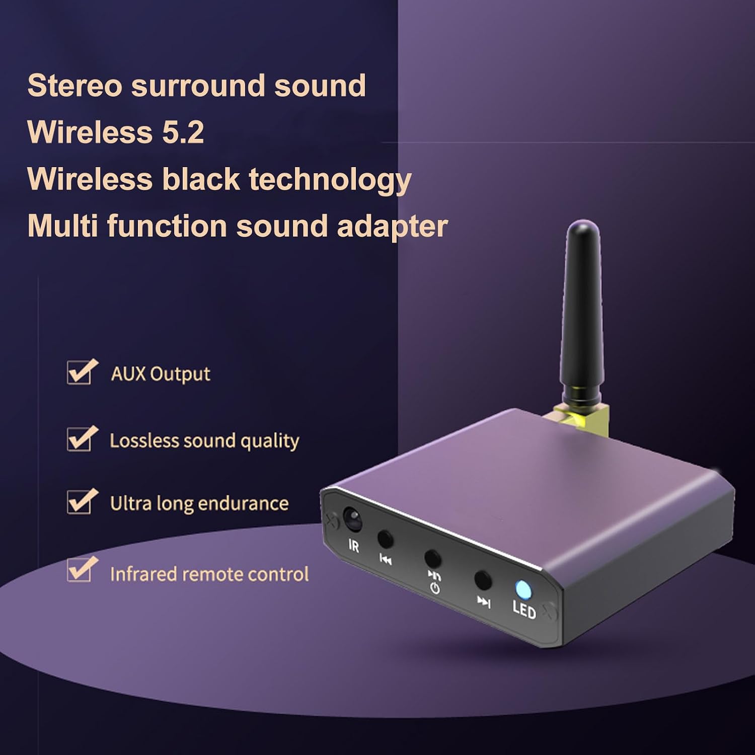 ASHATA T30 Pro Sound Receiver Decoder with features listed: Stereo surround sound, Wireless 5.2, Wireless black technology, Multi function sound adapter, AUX Output, Lossless sound quality, Ultra long endurance, Infrared remote control.