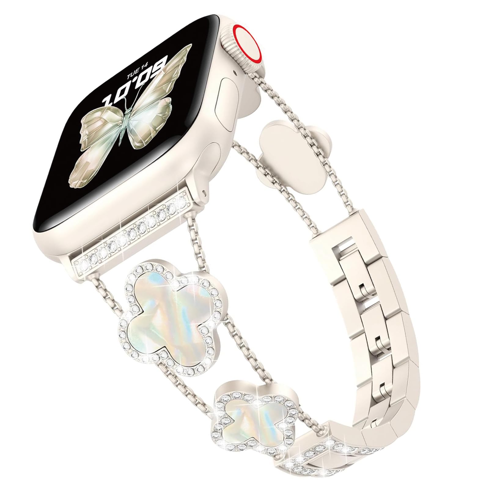IBENZER Women Watch Band for Apple Watch Band 38mm 40mm 41mm 42mm 44mm 45mm 49mm Series 10 9 8 7 6 5 4 3 2 1 SE, Metal Sparkling Diamonds Four Leaf