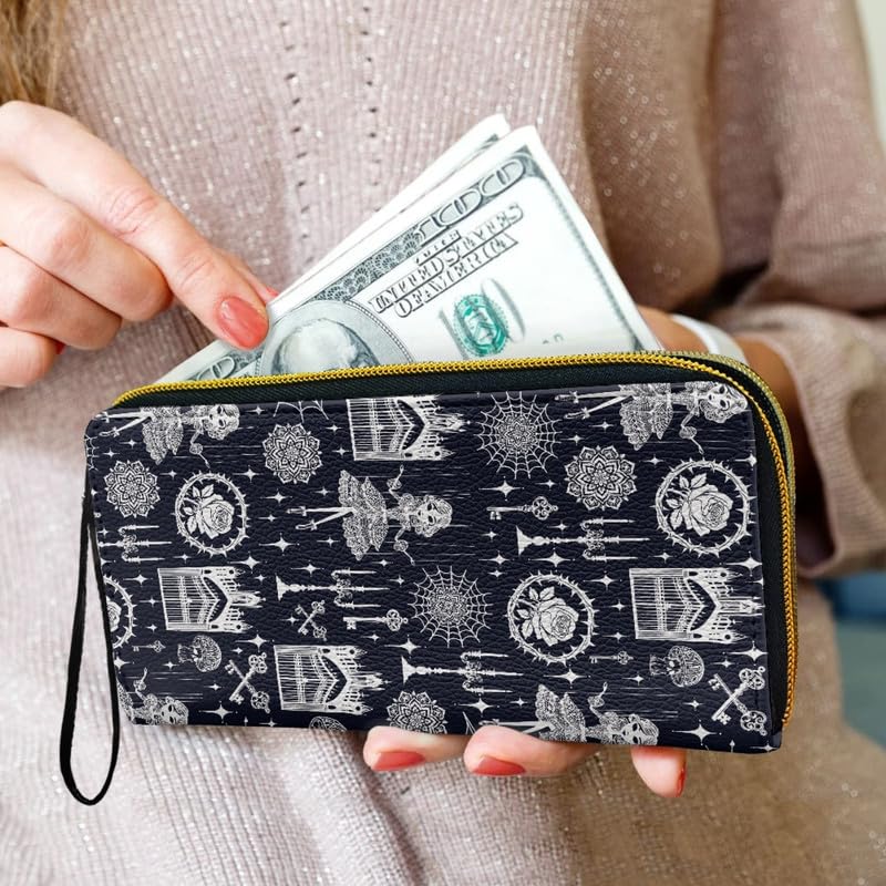 Witchy Lady Print Leather Long Wallet for Women, Gothic Night Castle Spiderweb Zippered Ladies Clutch Wallet PU Vegan Leather Zip Around Credit Card Holder3