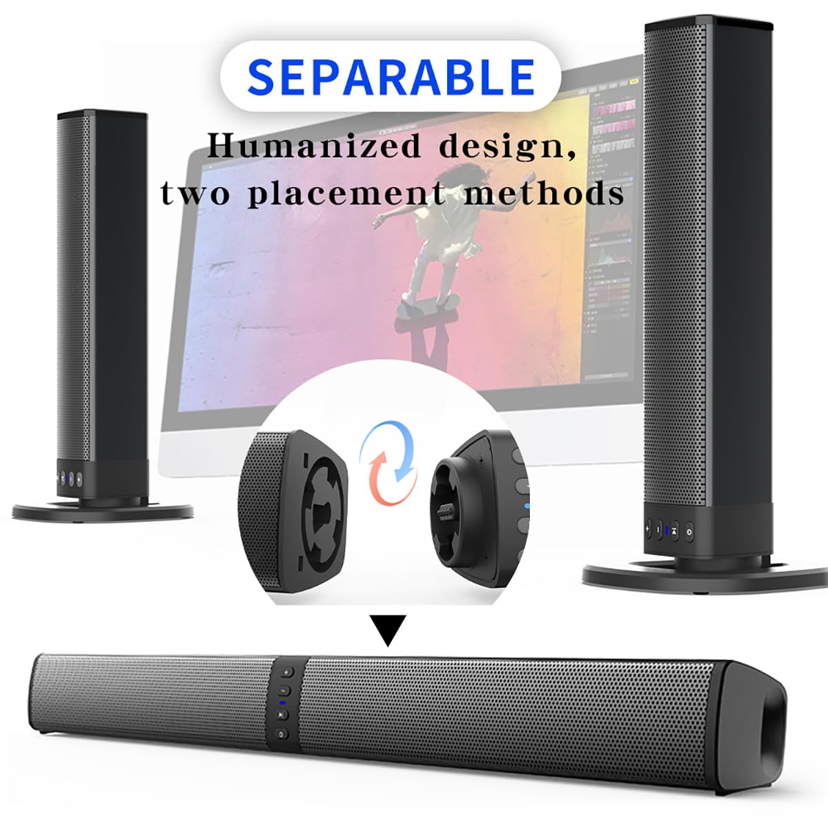 Soundbar per TV, Soundbar Bluetooth 2 in 1, altoparlanti per PC da 20 W, soundbar con USB, TF, FM, TWS, RCA e AUX, 4 altoparlanti, batteria 2000 mAh, RCA