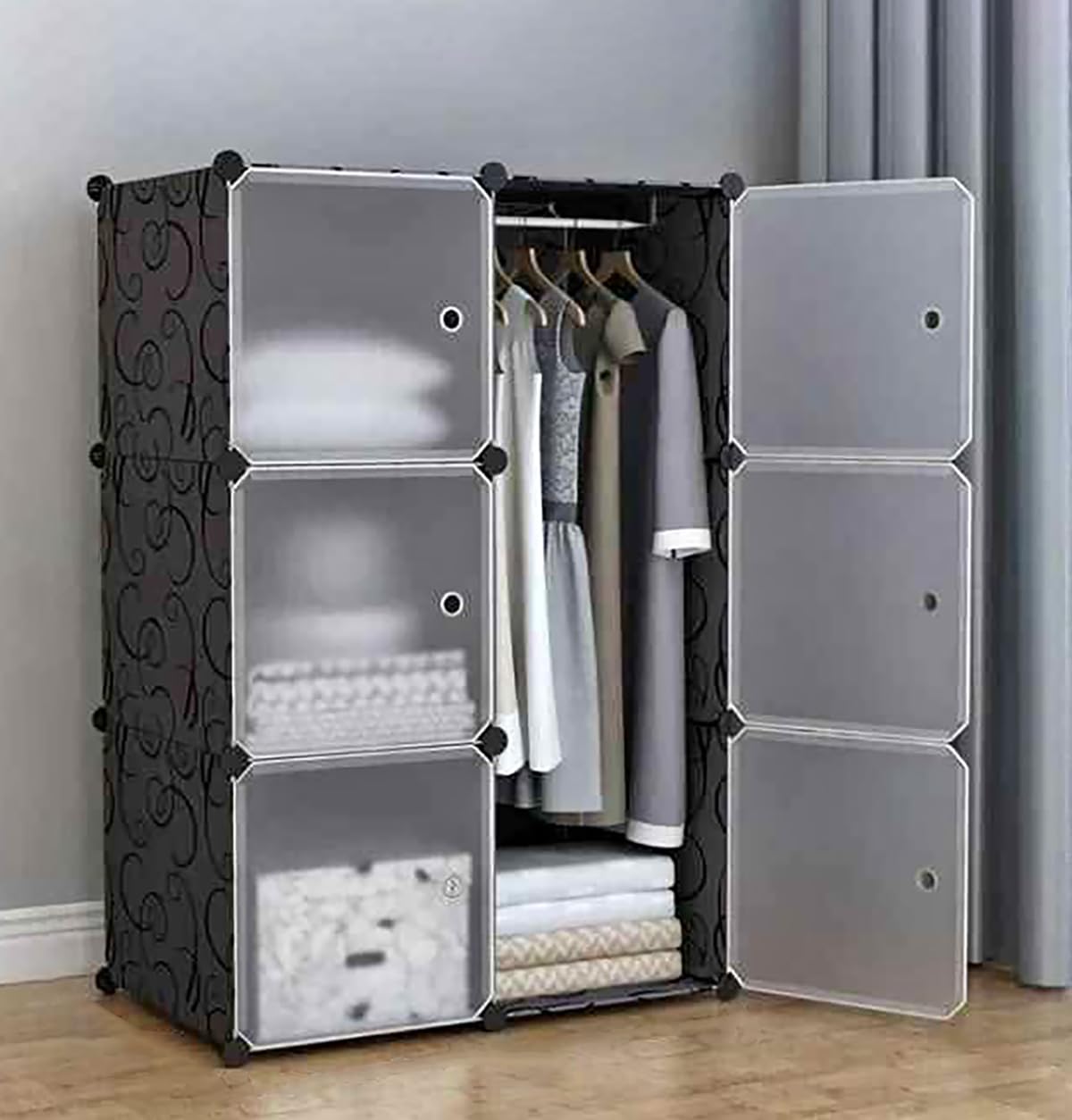 Sunderlook Plastic Wardrobe for Kids Clothes – Professional Collapsible Wardrobe, Easy to Use Foldable Almirah, Plastic Cupboard for Kids for Home (Black-N5, 6 Door)
