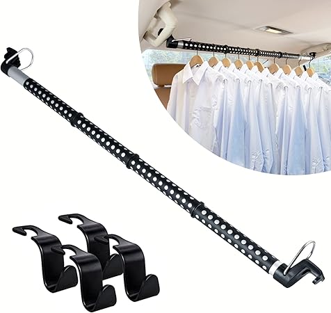 Car Clothes Hanger Bar with 4 Pack Car Seat Headrest Hook Expanded to 65.