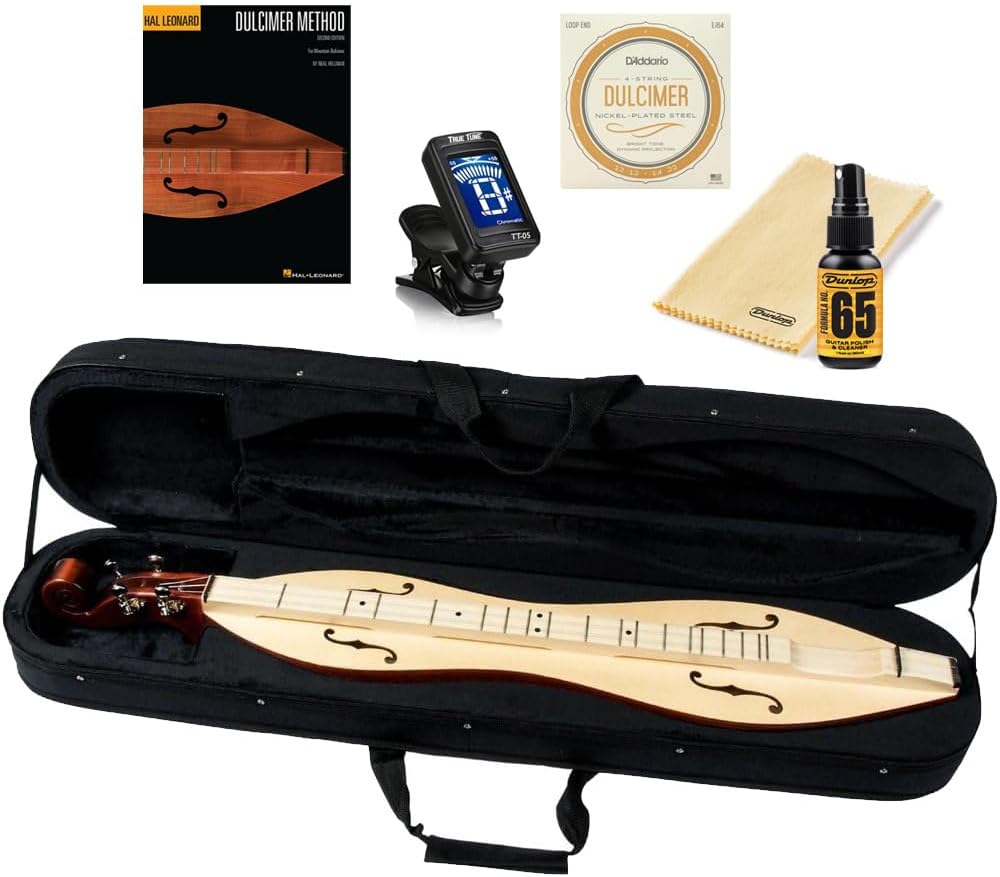 Applecreek Deluxe Spruce 4-String Mountain Dulcimer Hourglass Body w/Instrument Alley, Case, Book, True Tune Tuner, D'Addario J64 Strings, Polish Kit Bundle - ACD150K - Made in Romania